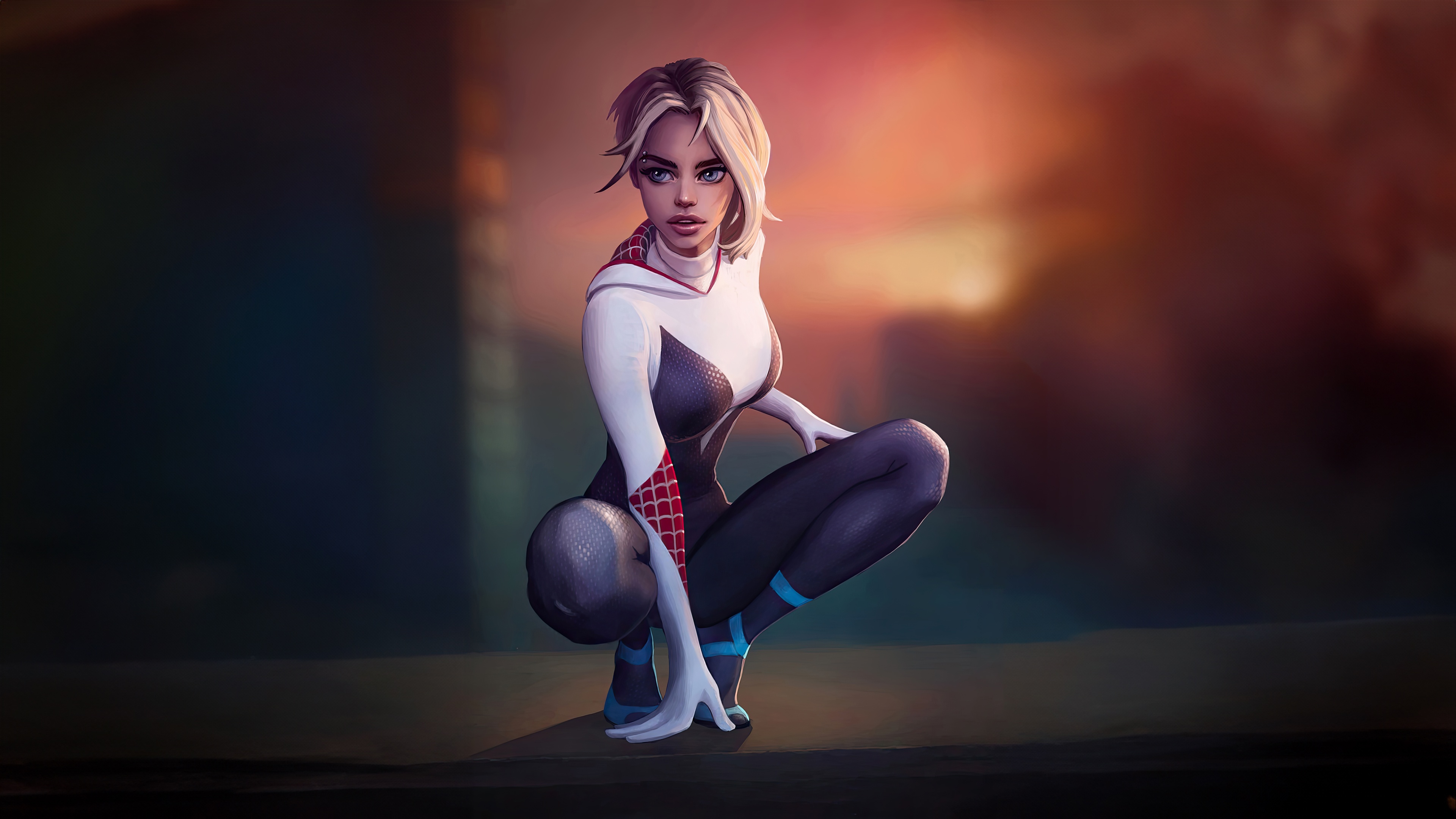 Gwen Stacy in Spider-Gwen costume crouching HD Wallpaper