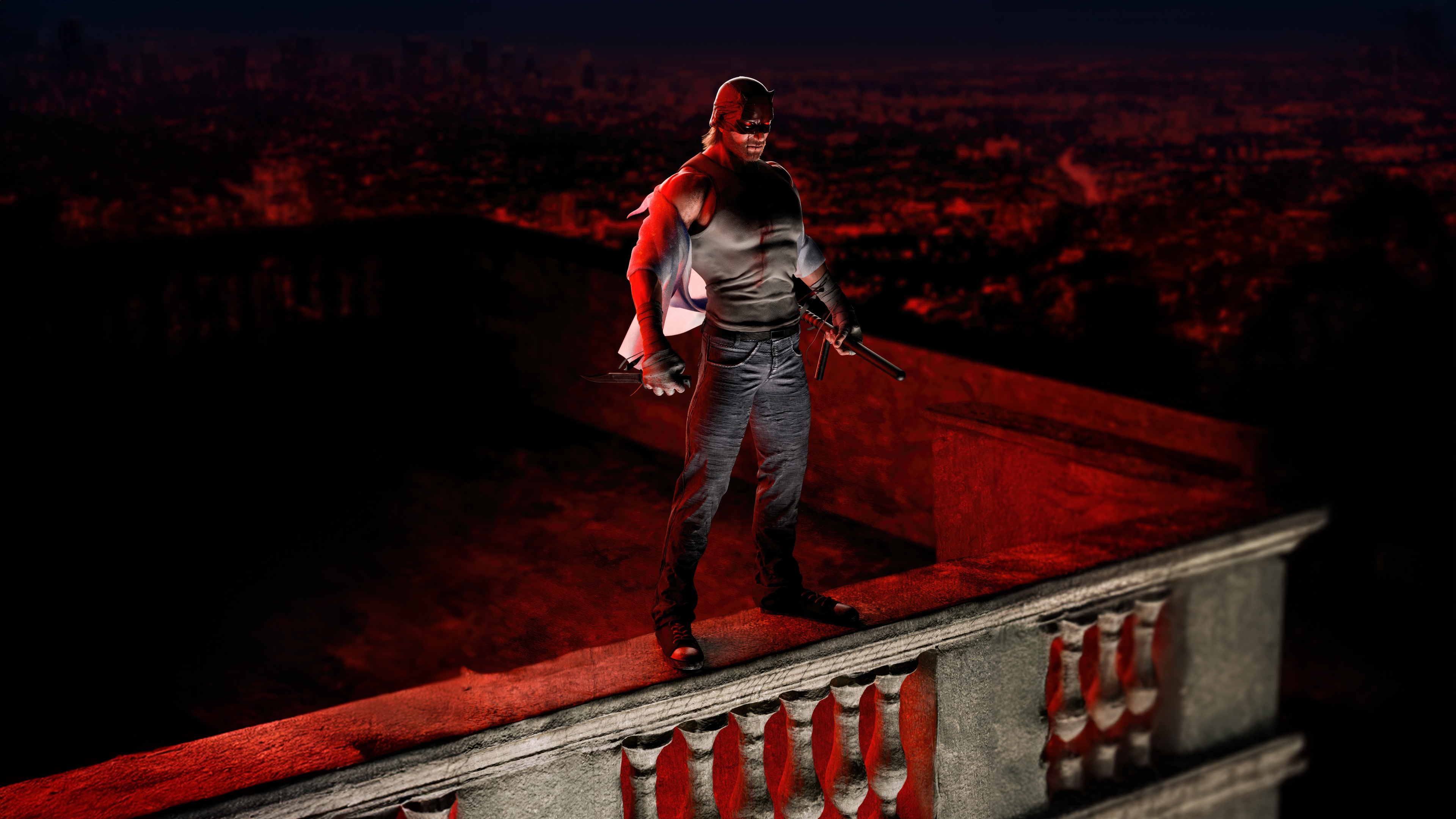 Daredevil standing on a rooftop overlooking a city HD Wallpaper