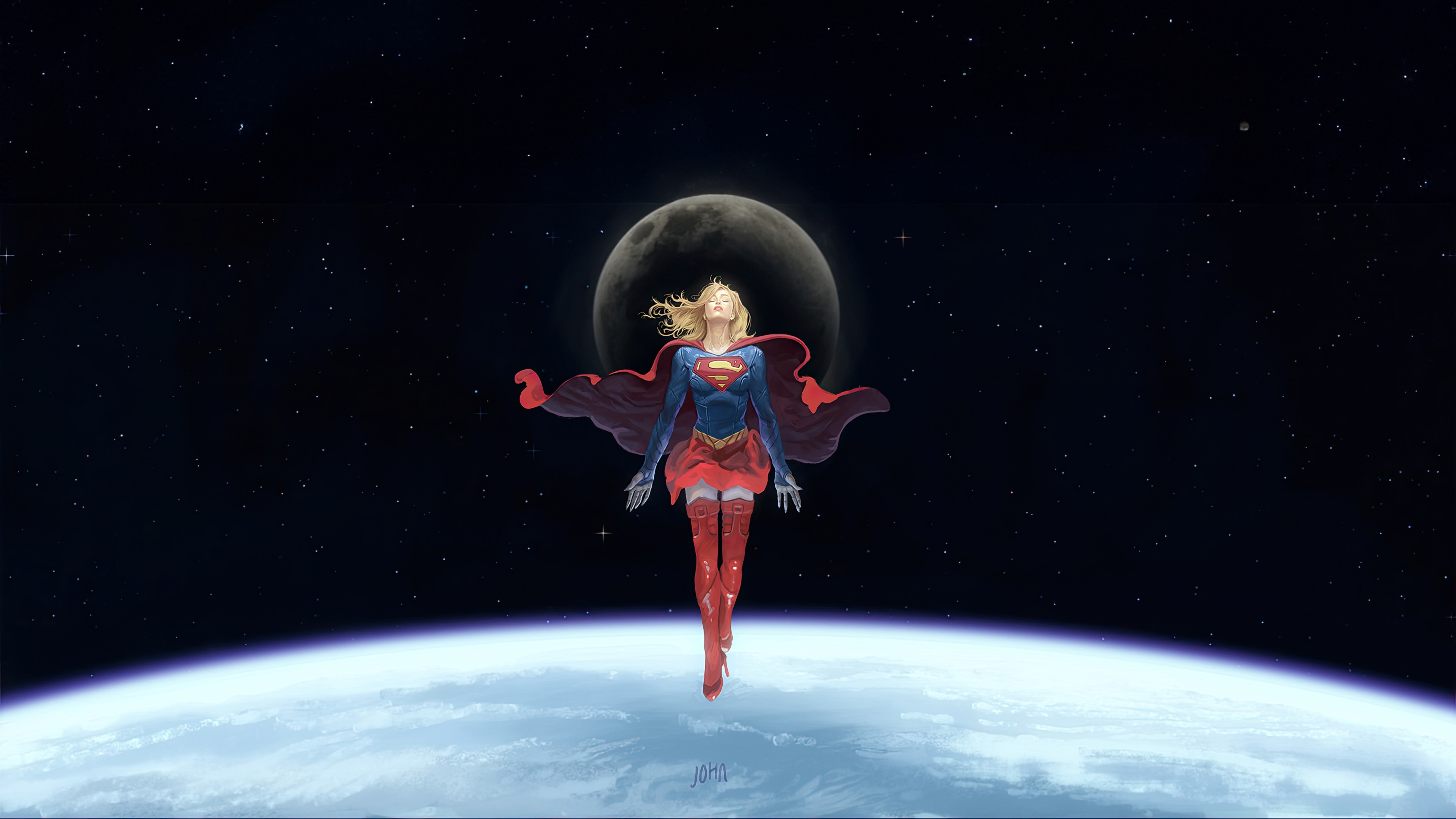 Supergirl flying in space with Earth and Moon HD Wallpaper