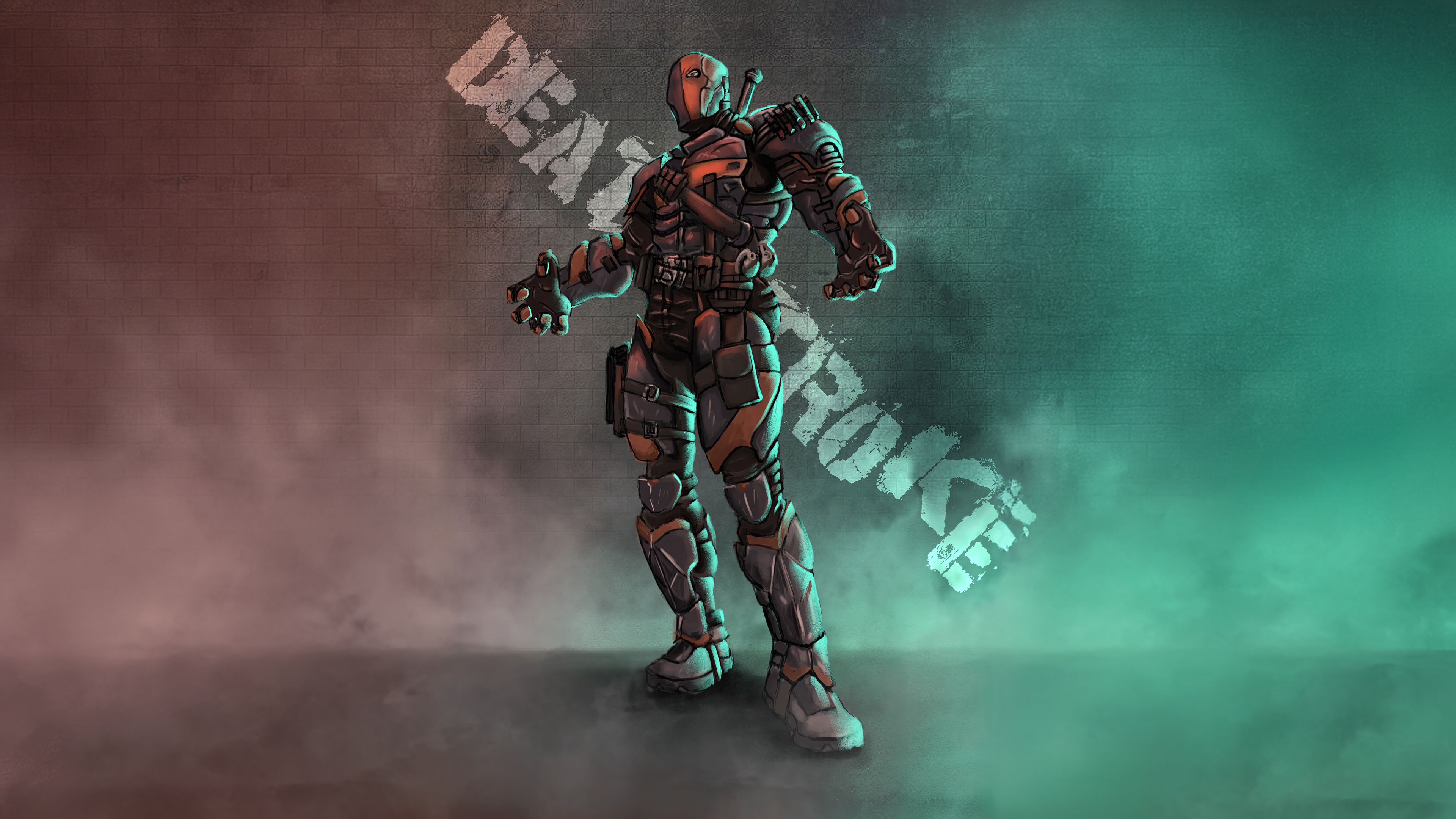 Deathstroke stands in a smoky alleyway HD Wallpaper
