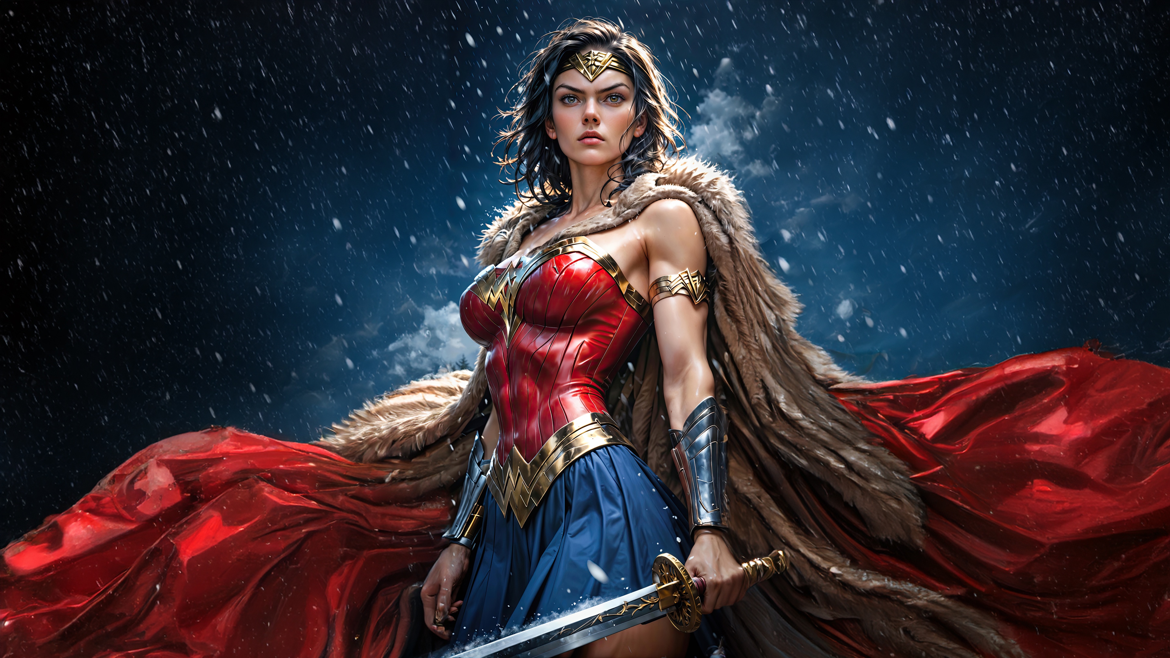 Wonder Woman in a snowy landscape holding a sword HD Wallpaper