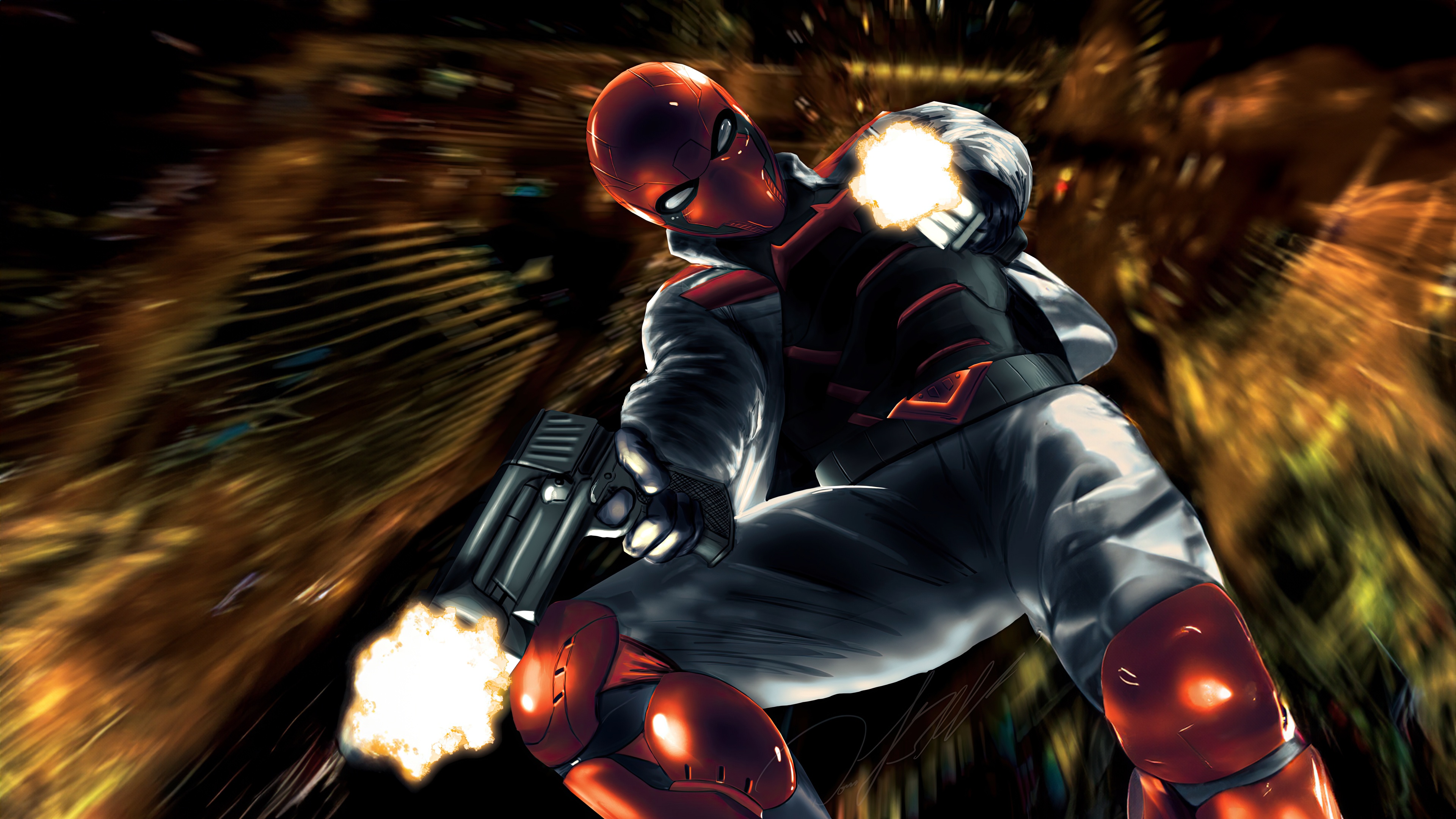 Red Hood firing guns in a city at night HD Wallpaper