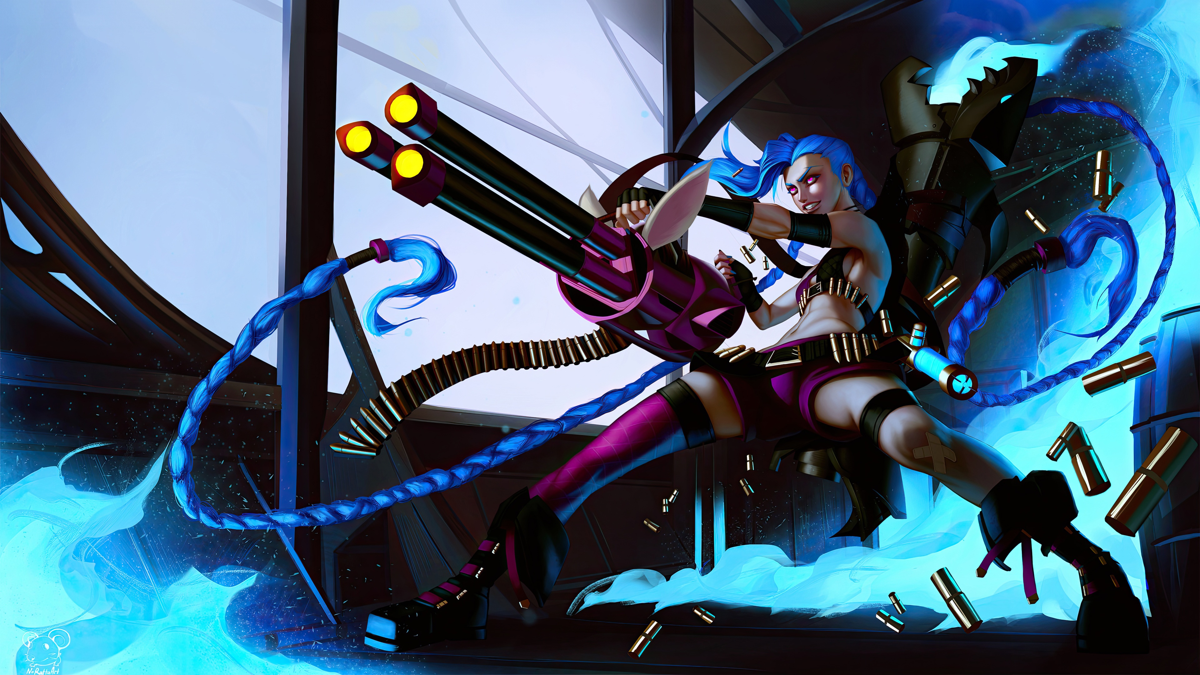 Jinx with her minigun and blue energy HD Wallpaper