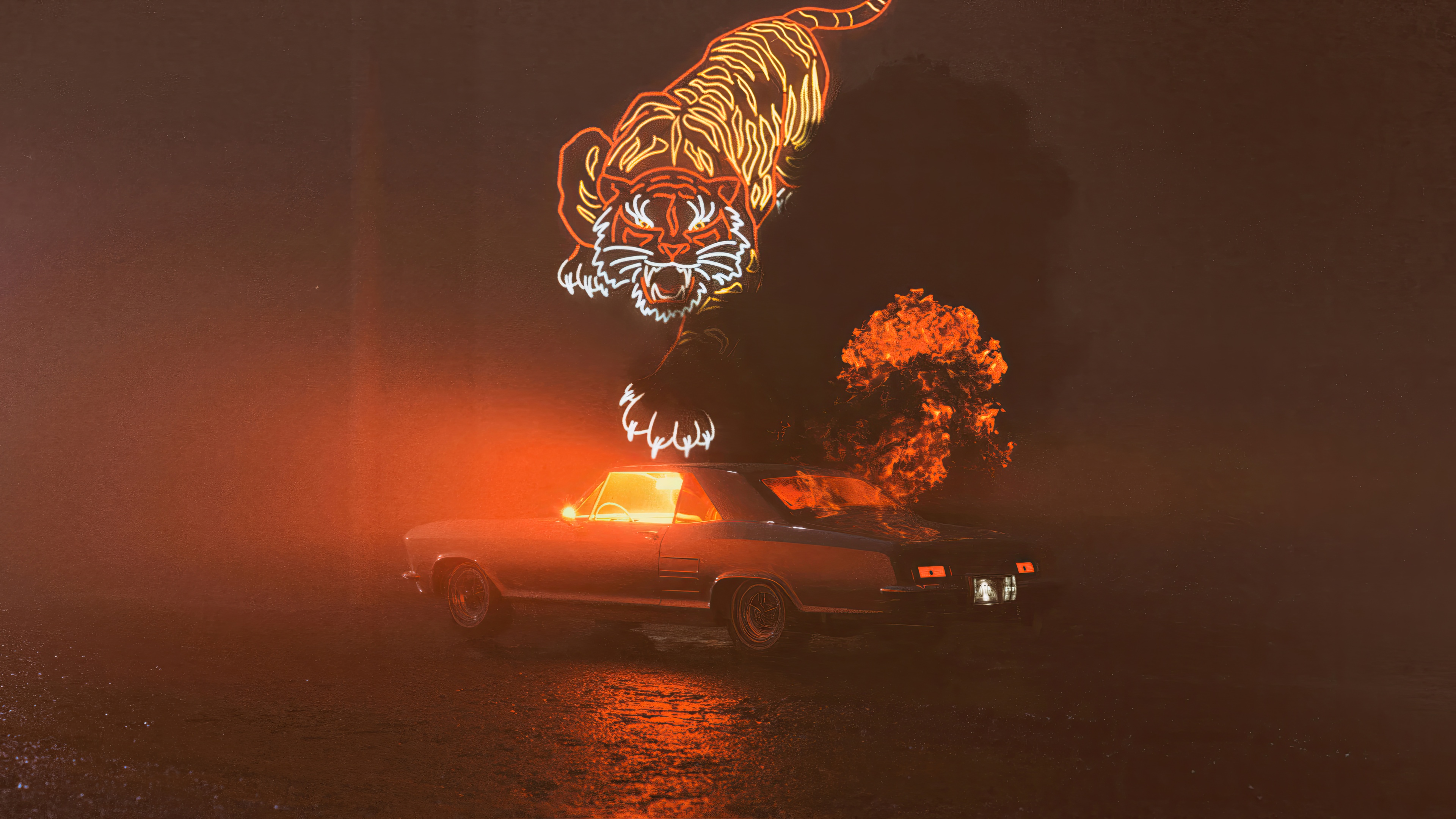 Burning car with neon tiger above HD Wallpaper