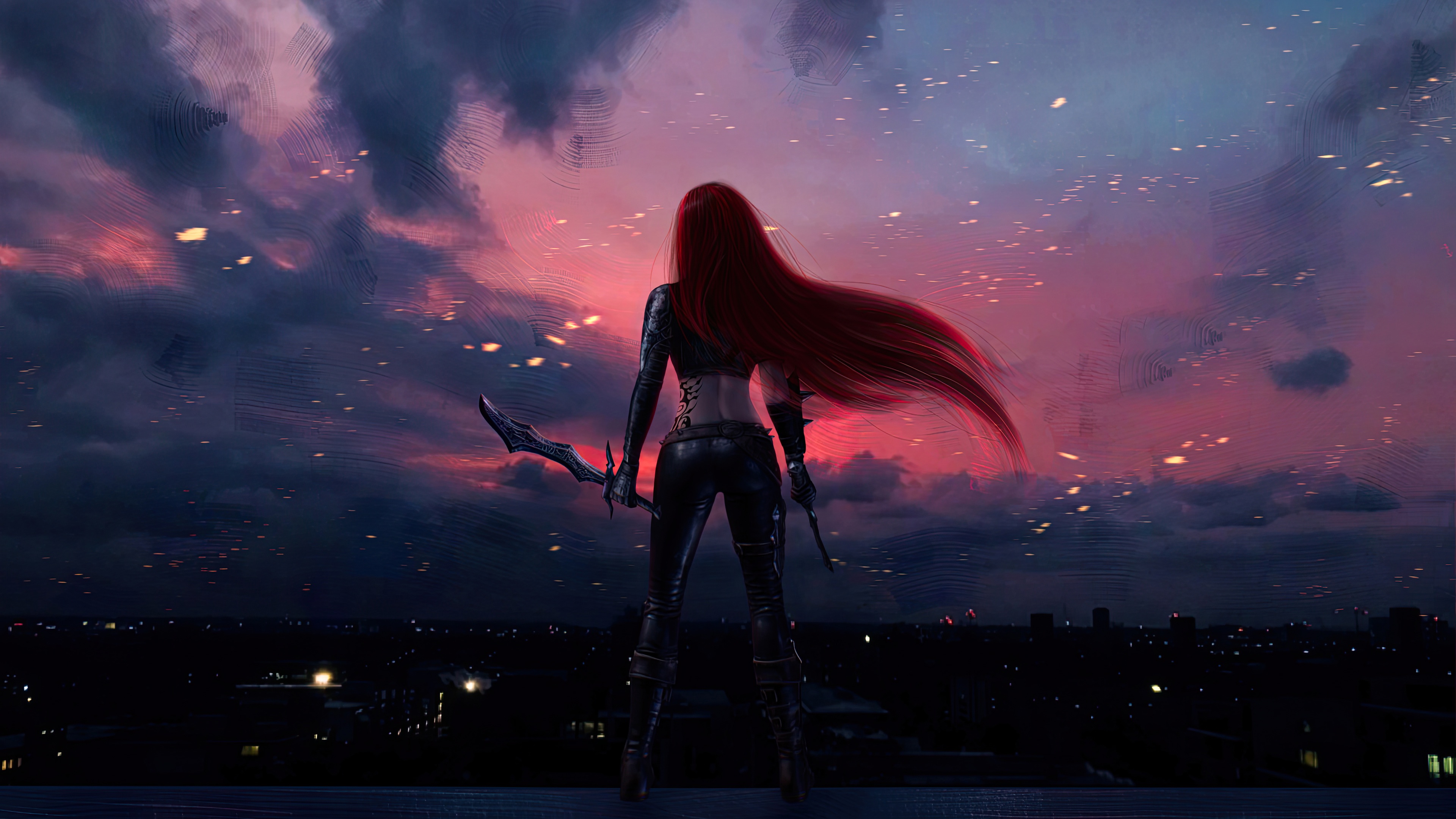 Katarina standing on a rooftop at sunset HD Wallpaper
