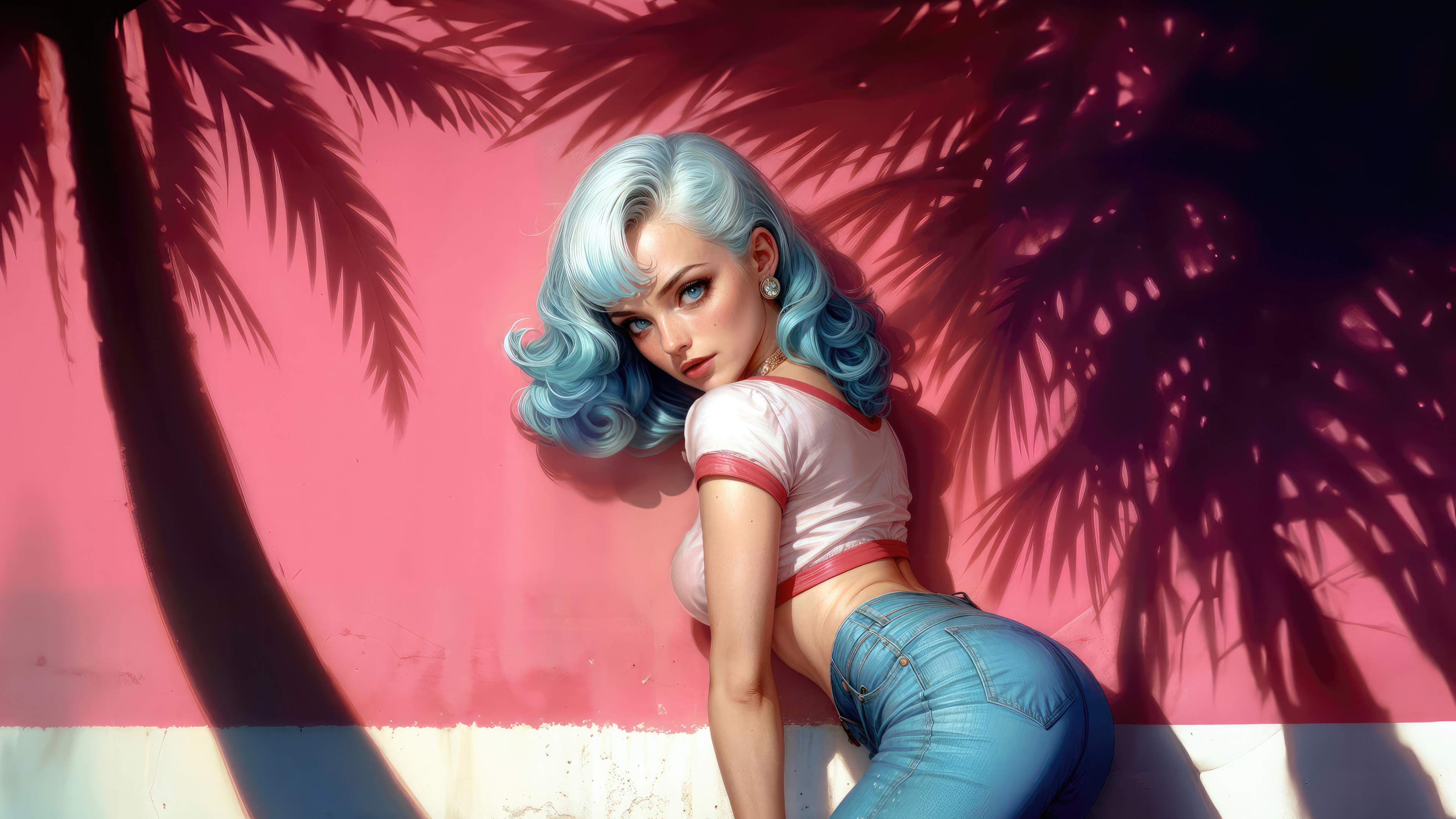 The Blue Haired Beauty with Retro Charm HD Wallpaper