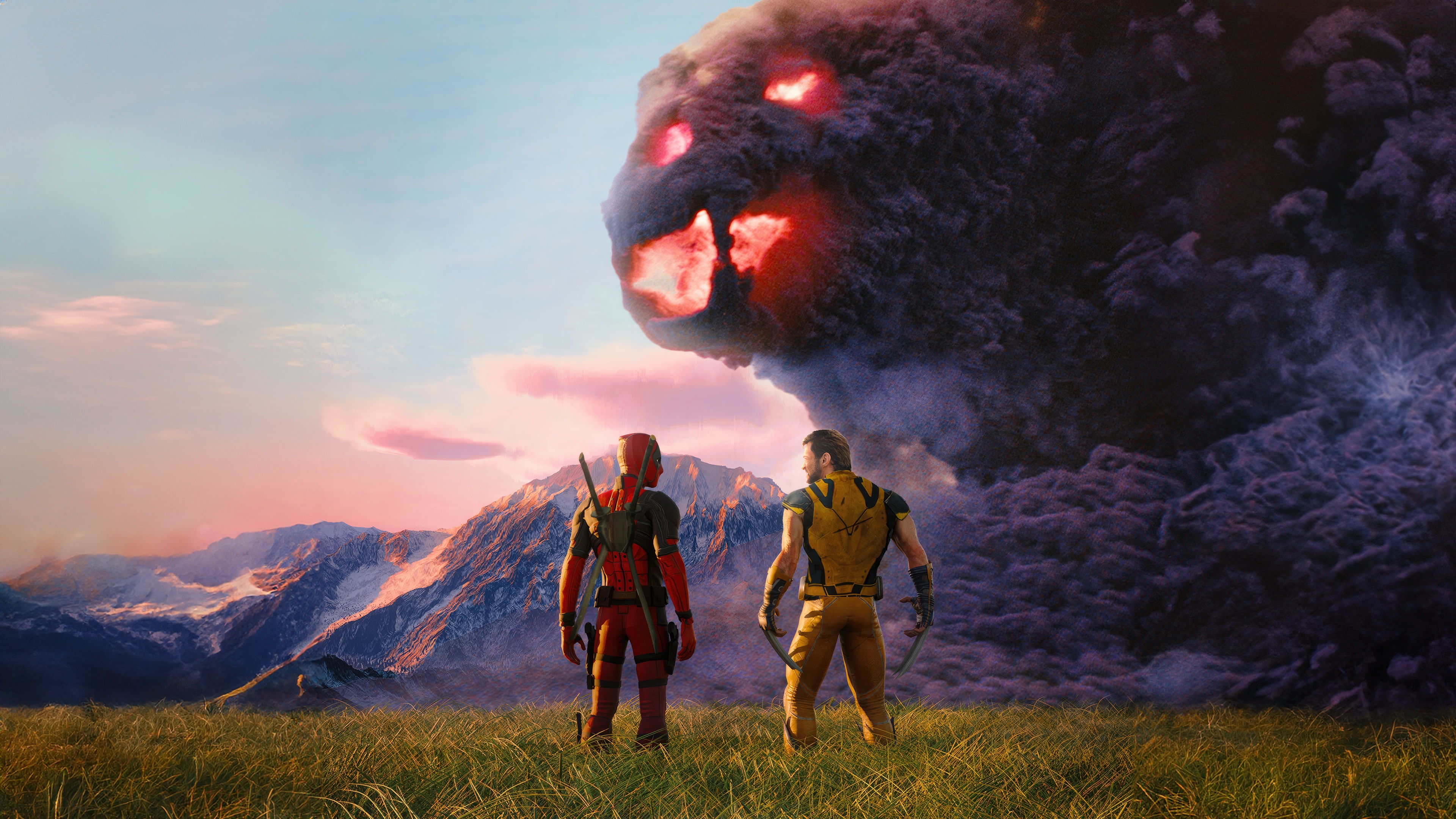 Deadpool and Wolverine face a giant fiery cloud monster HD Wallpaper