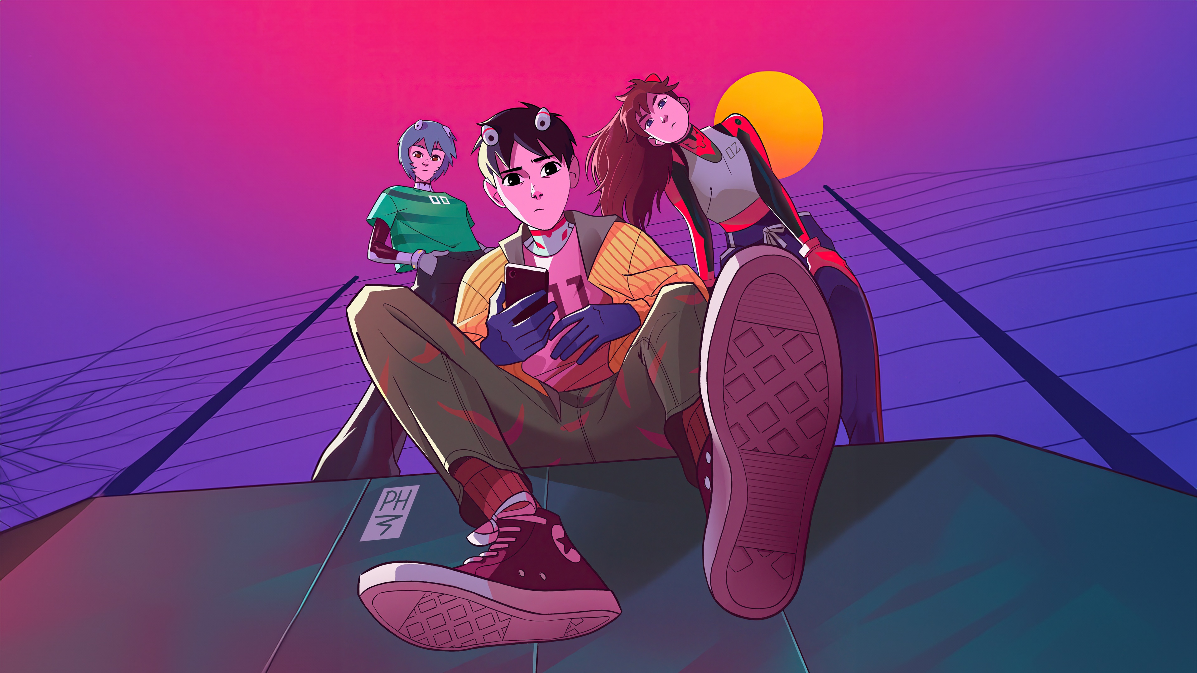 Evangelion Kids sitting on a rooftop at sunset HD Wallpaper