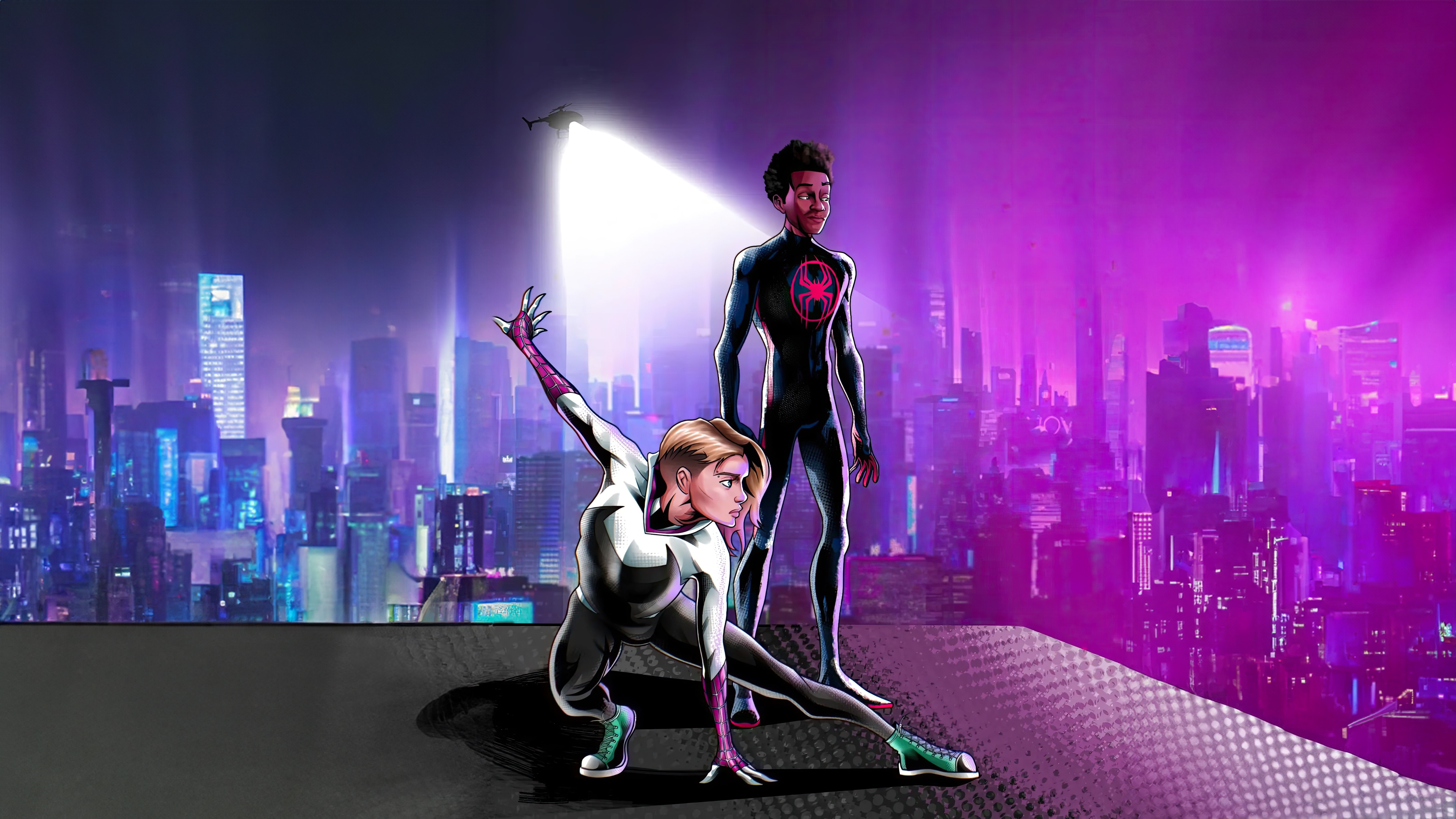 Miles Morales and Gwen Stacy on a Rooftop HD Wallpaper