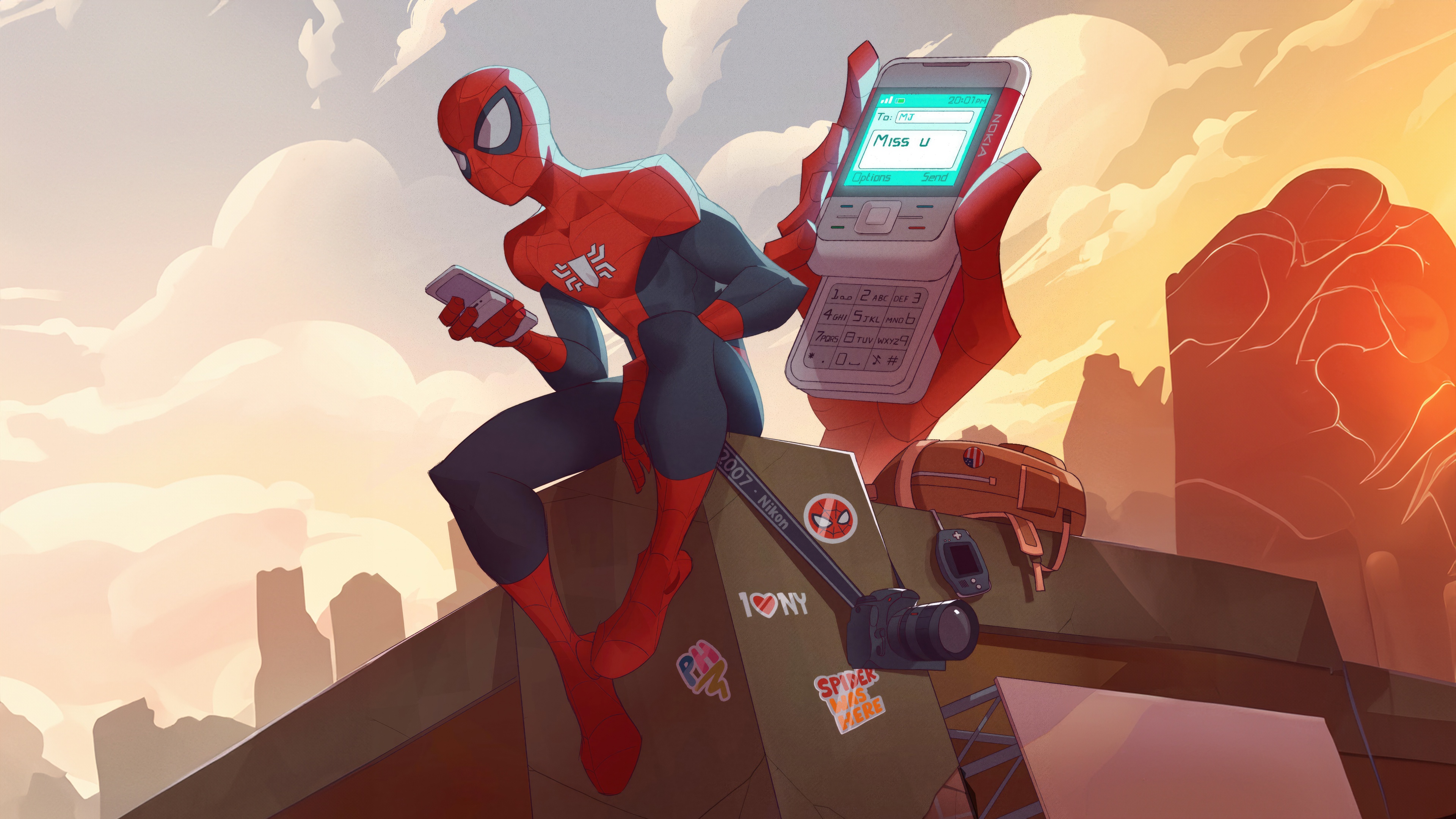 Spider-Man on a rooftop with phones HD Wallpaper