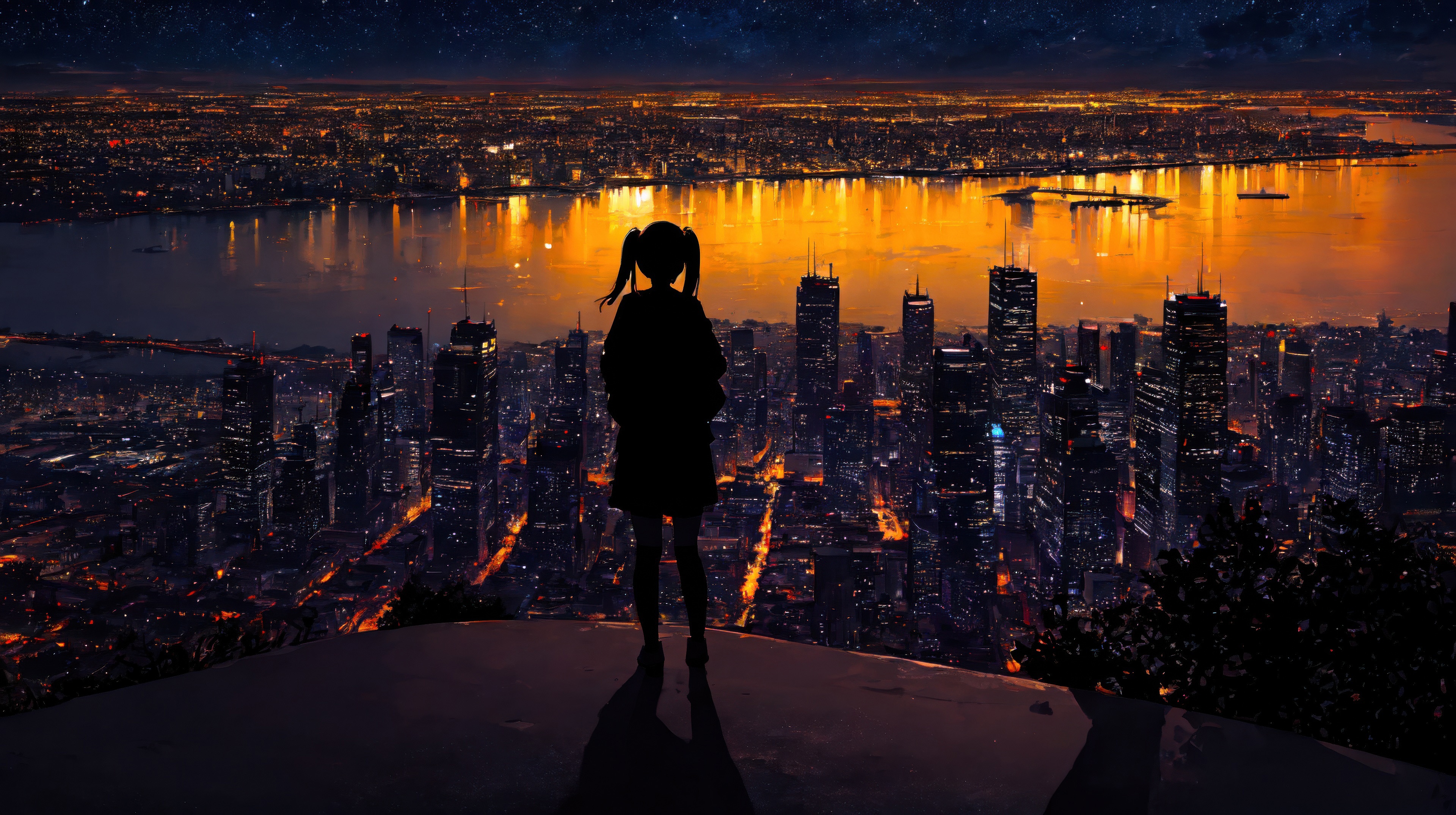 Anime girl overlooking a city at night HD Wallpaper