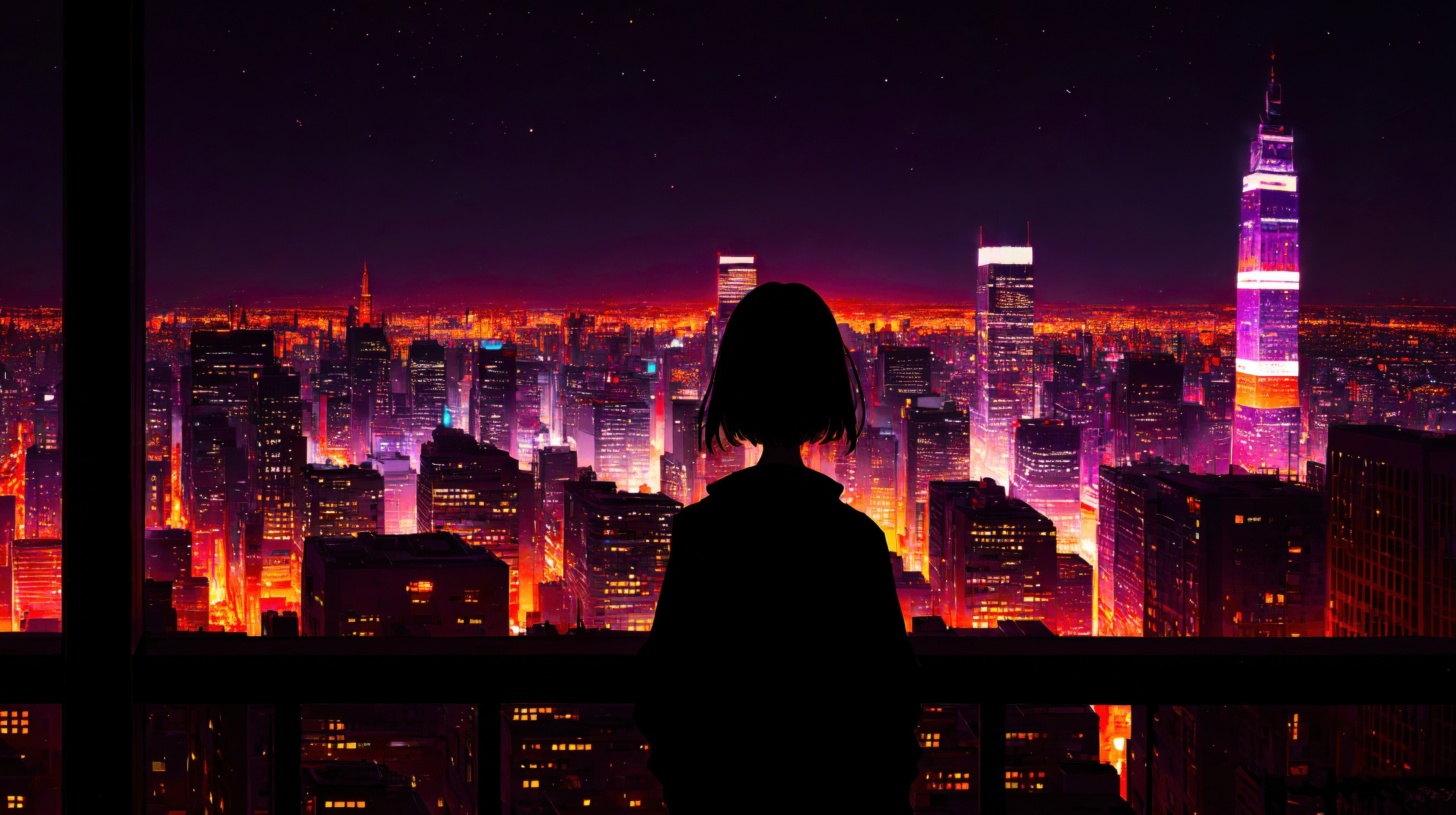 Silhouette of a person overlooking a glowing cityscape at night HD Wallpaper