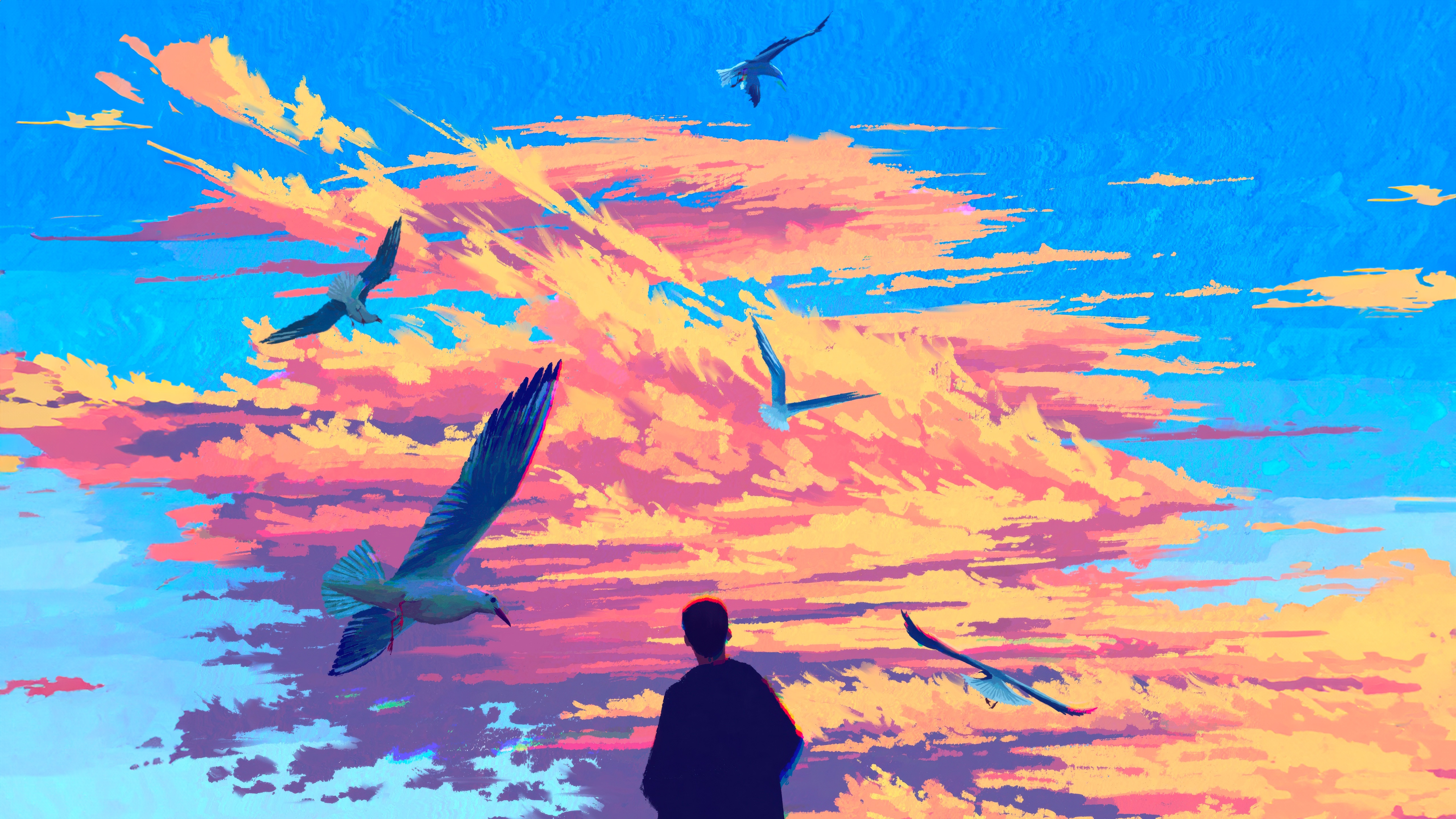 Birds flying in a colorful cloudy sky HD Wallpaper