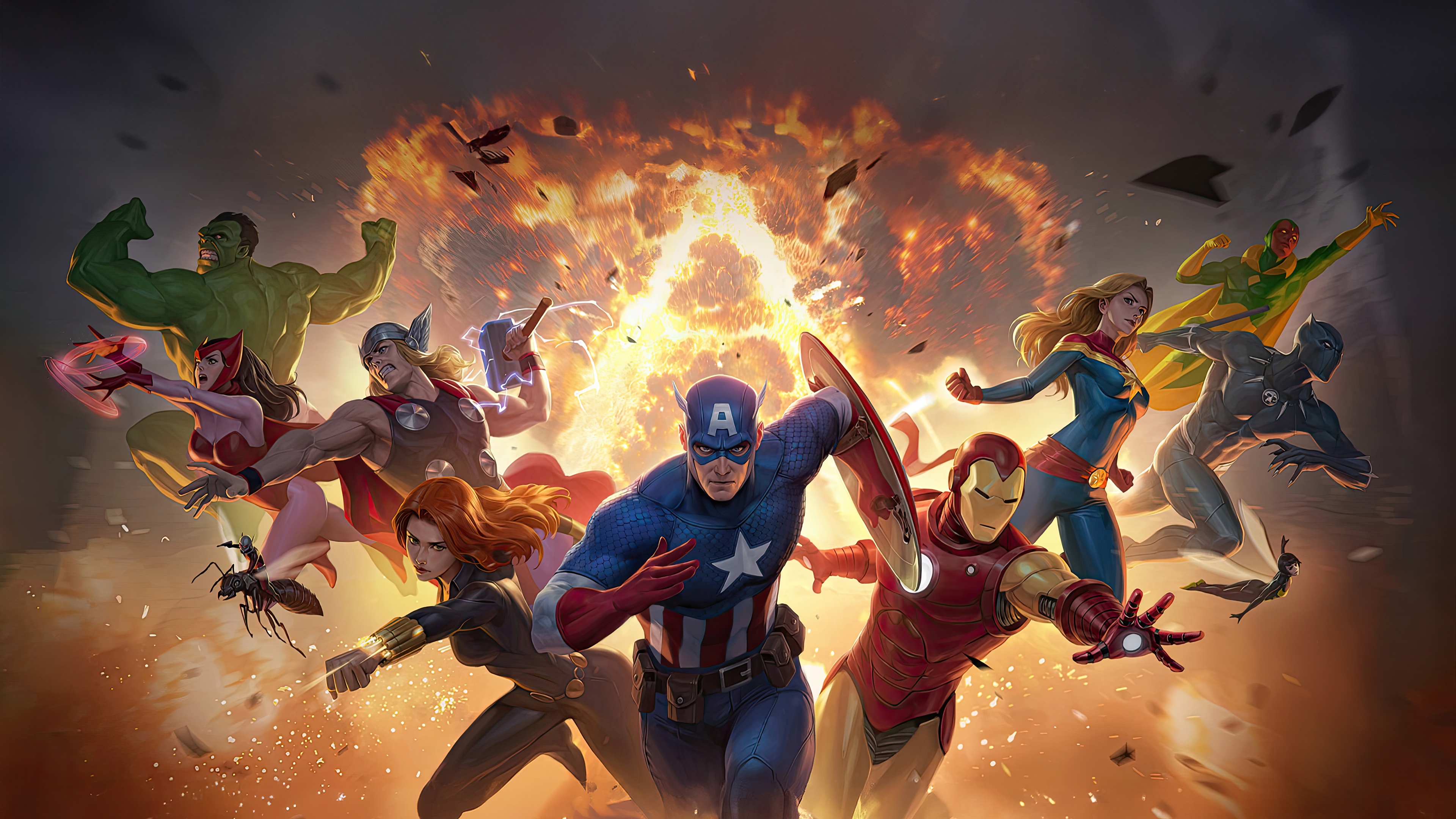 Avengers Heroes in front of an explosion HD Wallpaper