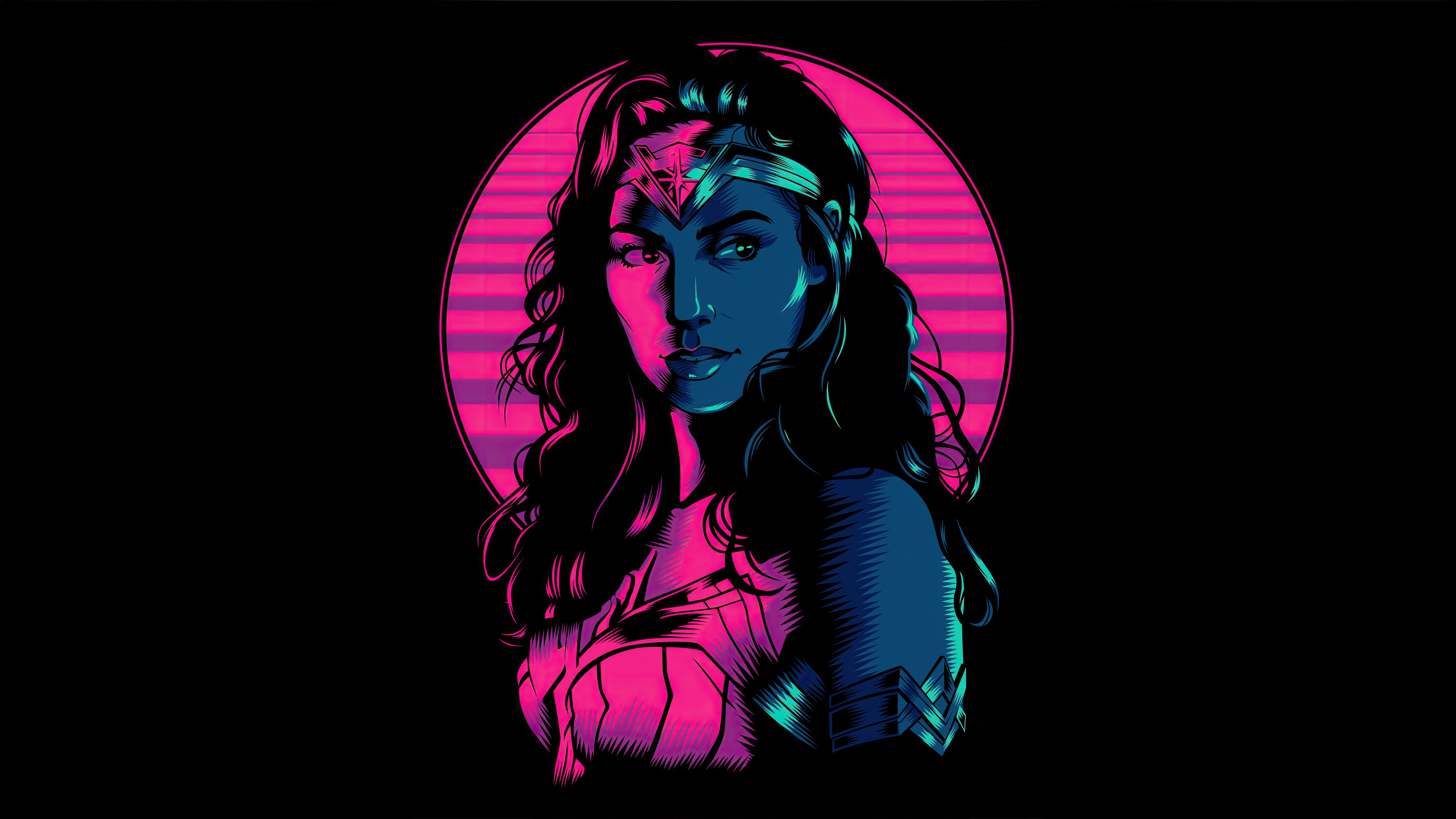 Wonder Woman with Pink and Blue Neon Lighting HD Wallpaper