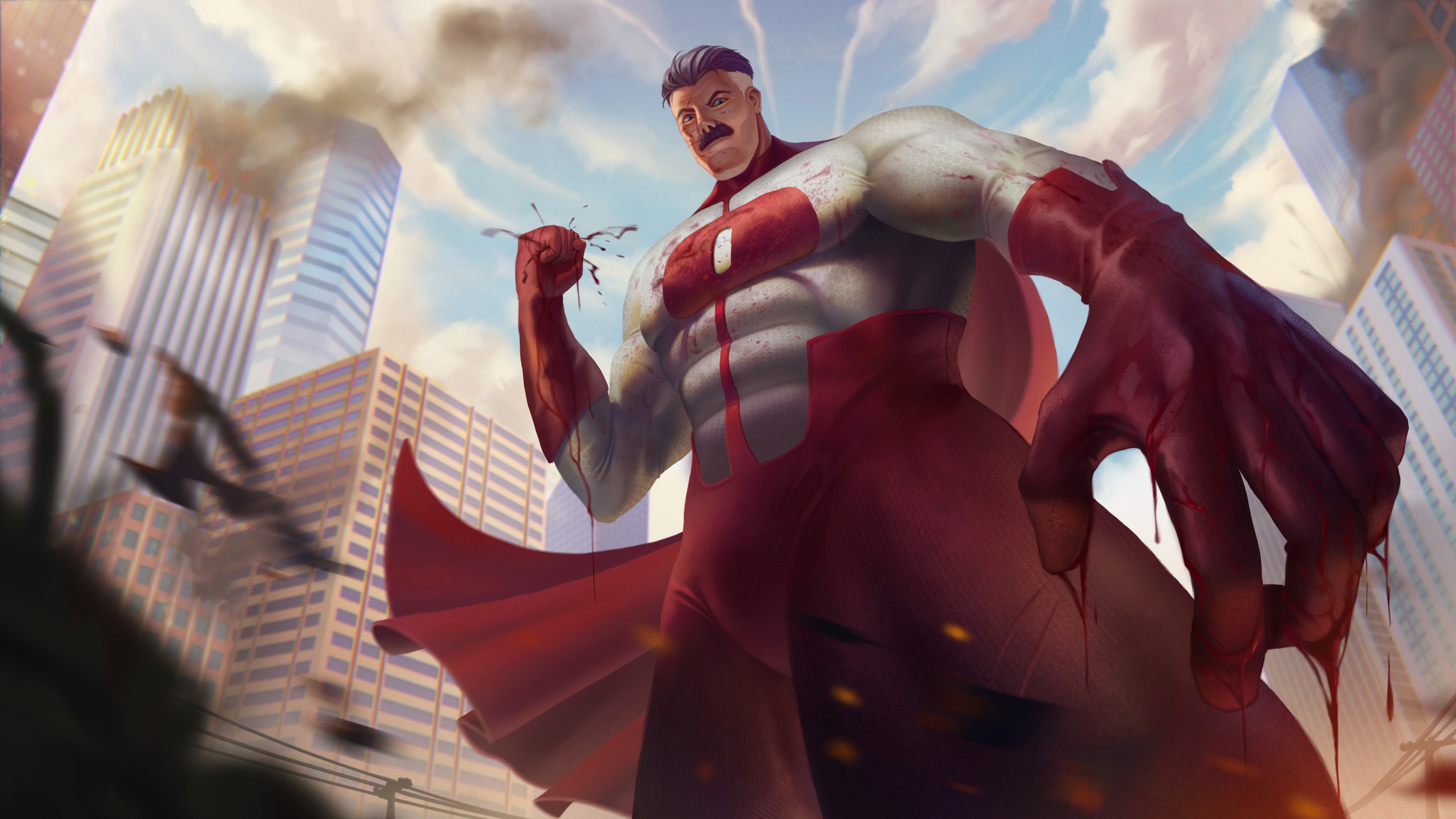 Omni-Man covered in blood in a destroyed city HD Wallpaper