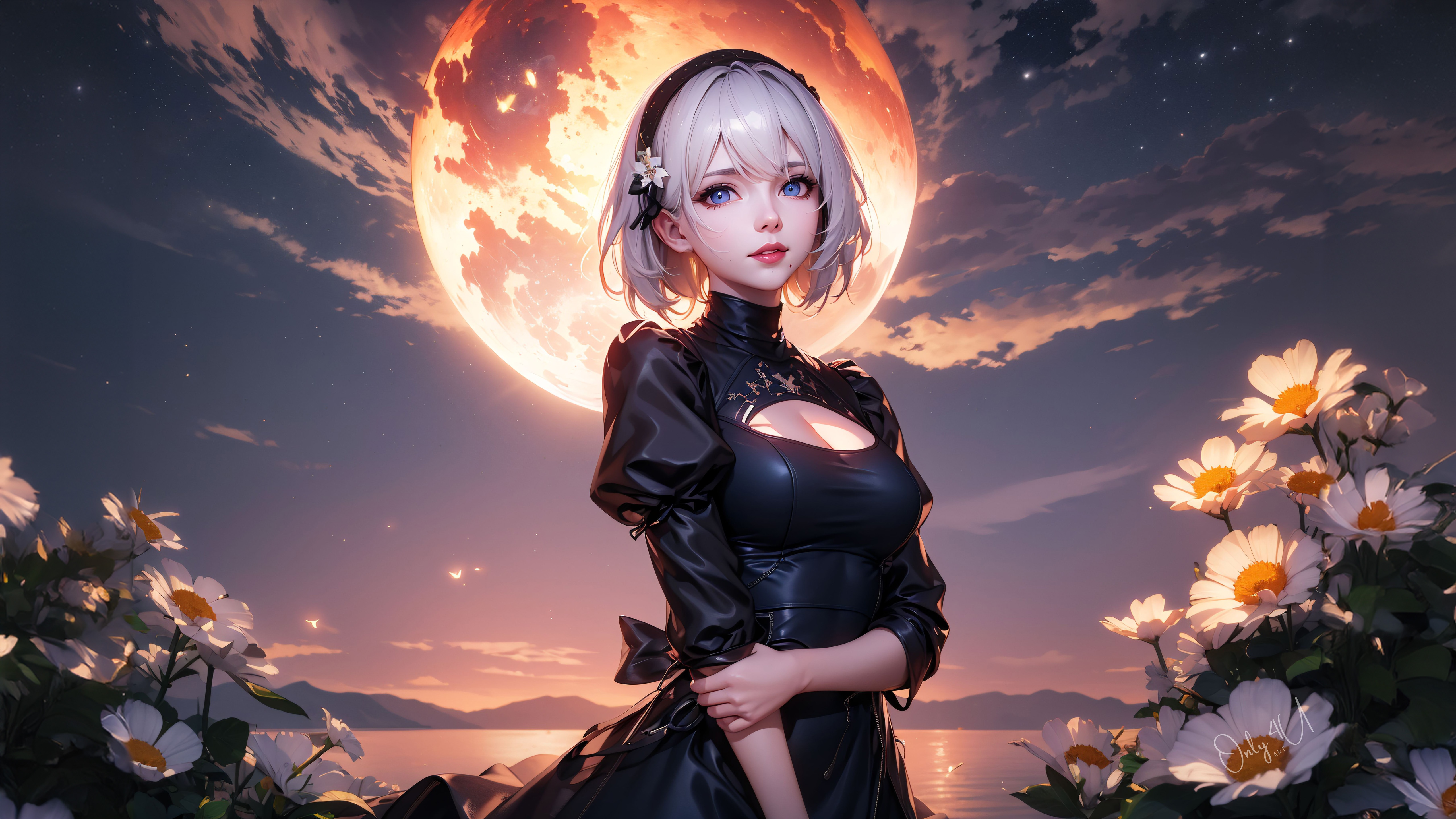 2B from Nier Automata in front of a large moon HD Wallpaper