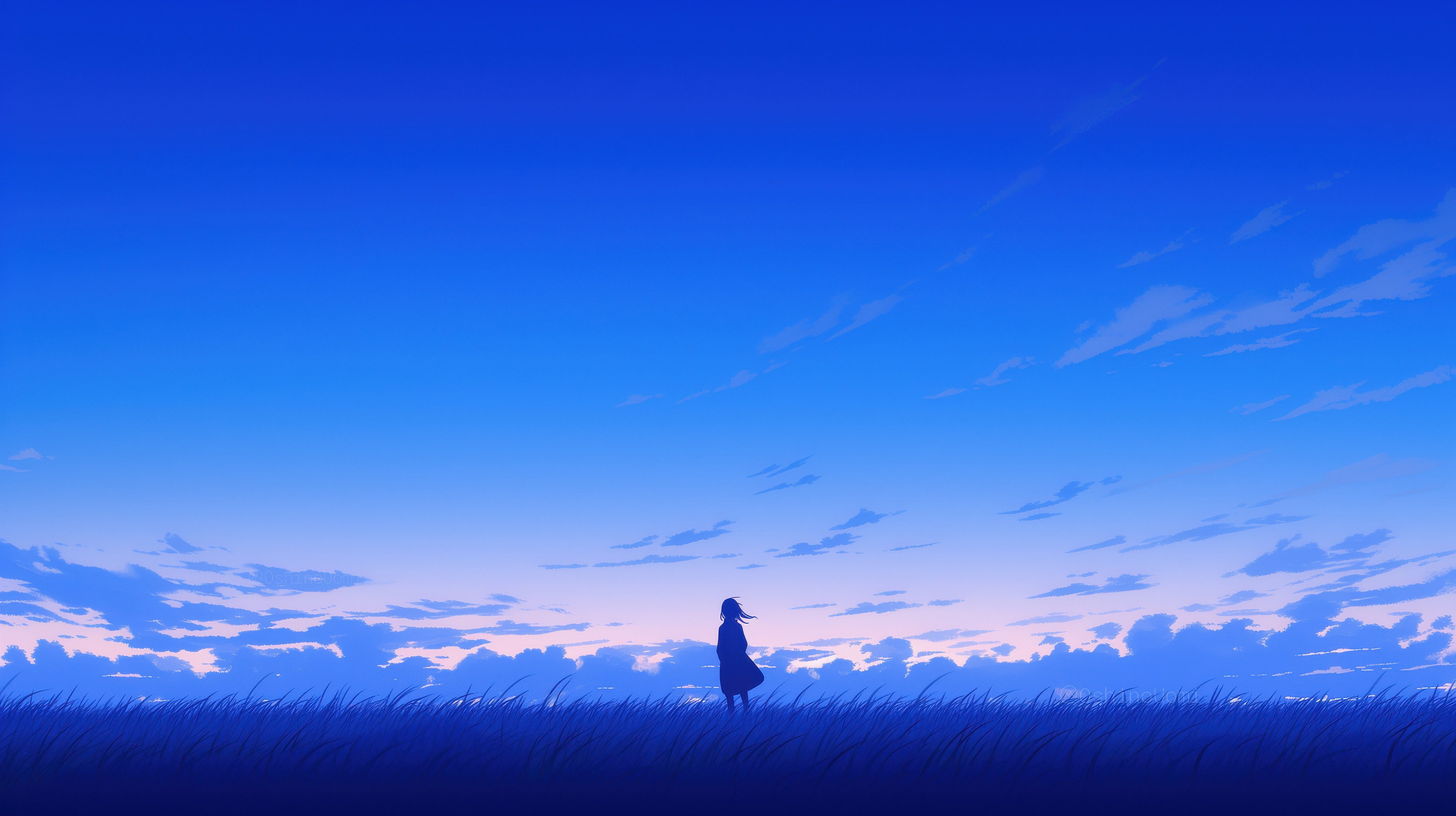 Anime girl standing in a field at sunset HD Wallpaper