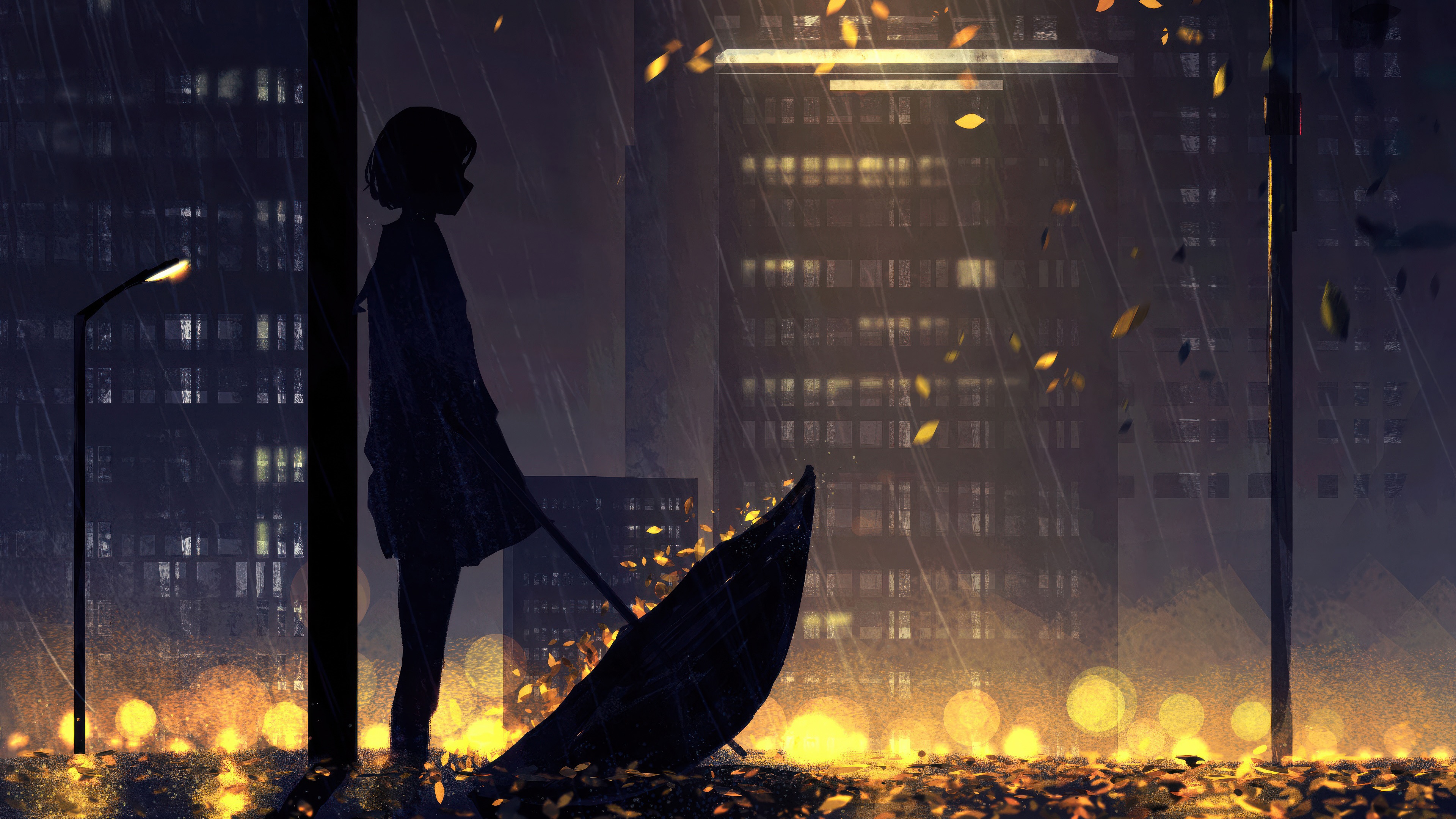 Anime Girl Holding Umbrella in Rainy City HD Wallpaper