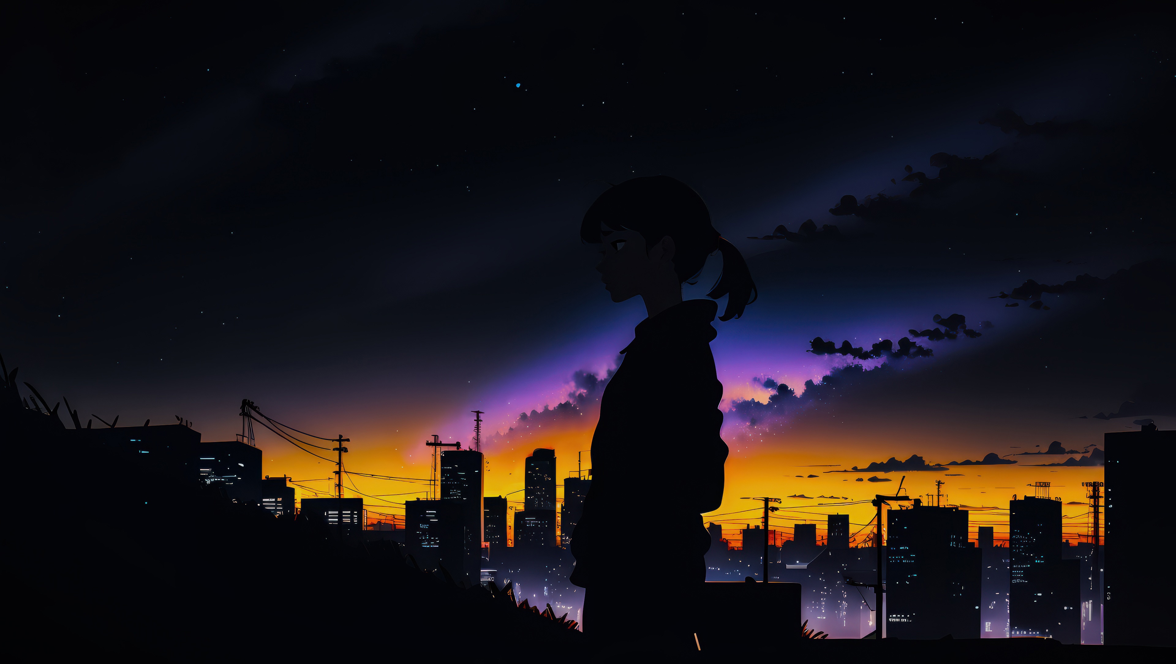 Girl standing alone at night overlooking city HD Wallpaper