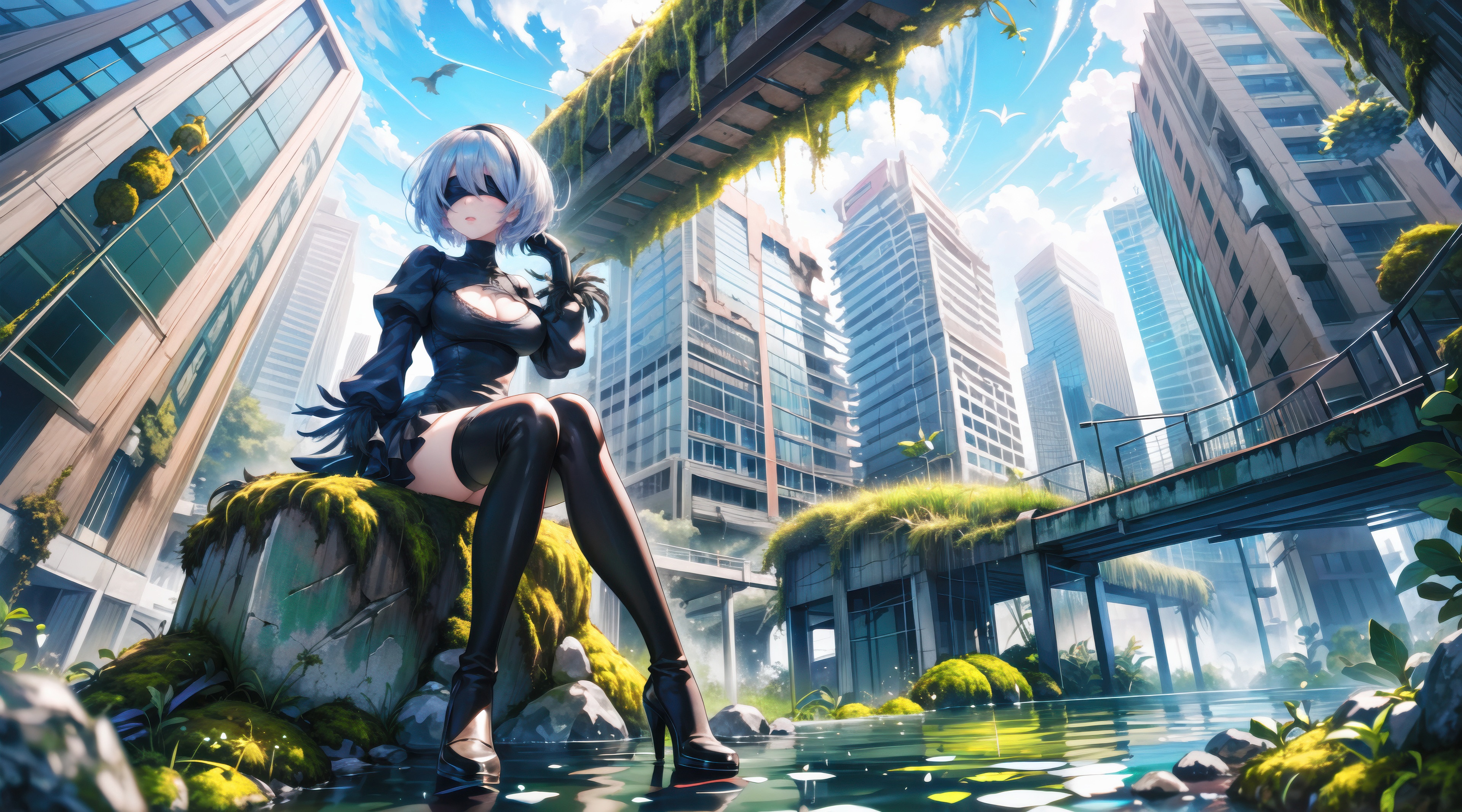 2B from Nier Automata in a post-apocalyptic city HD Wallpaper