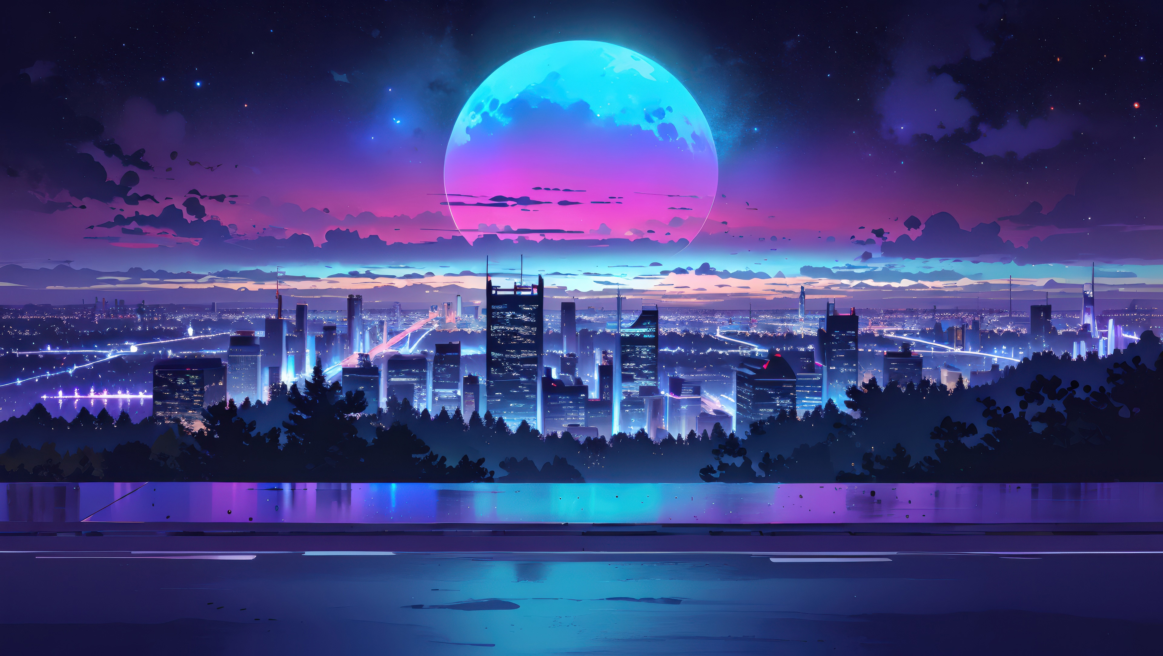Synthwave Cityscape Under a Giant Moon HD Wallpaper