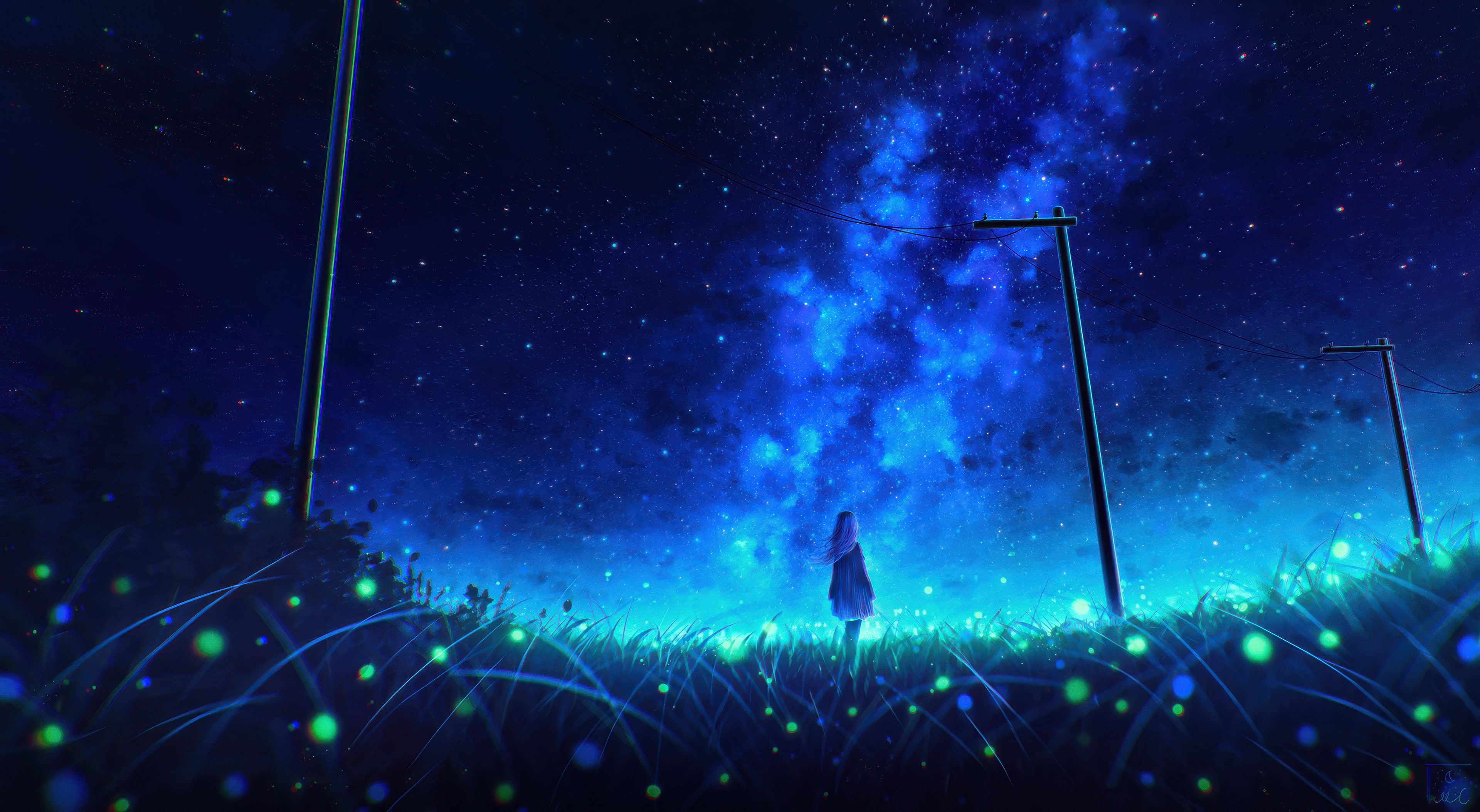 Anime Girl Under a Starry Sky with Fireflies HD Wallpaper