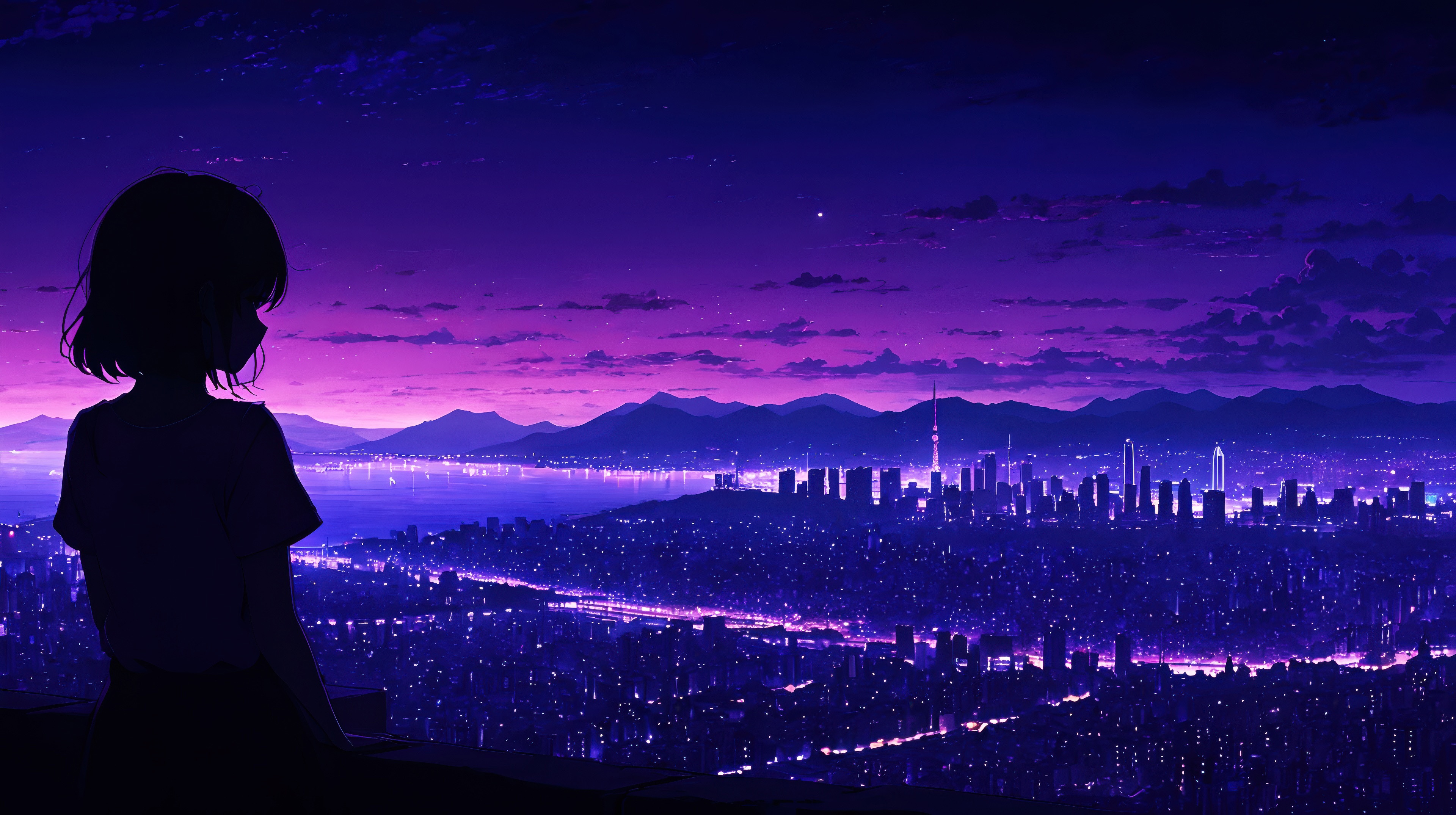 Girl silhouetted against a vibrant purple cityscape at night HD Wallpaper