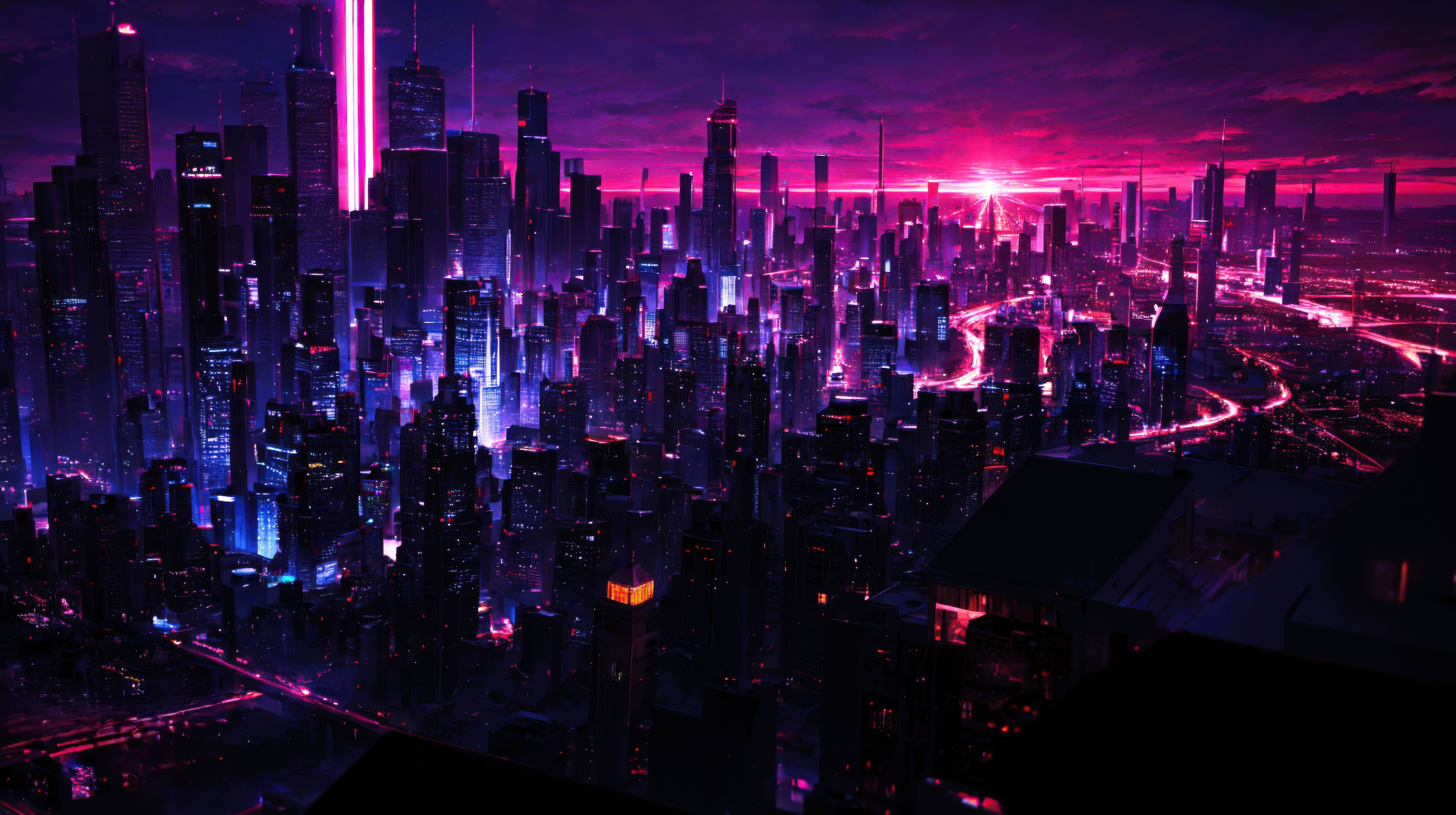 Cyberpunk Cityscape at Dusk with Neon Lights HD Wallpaper