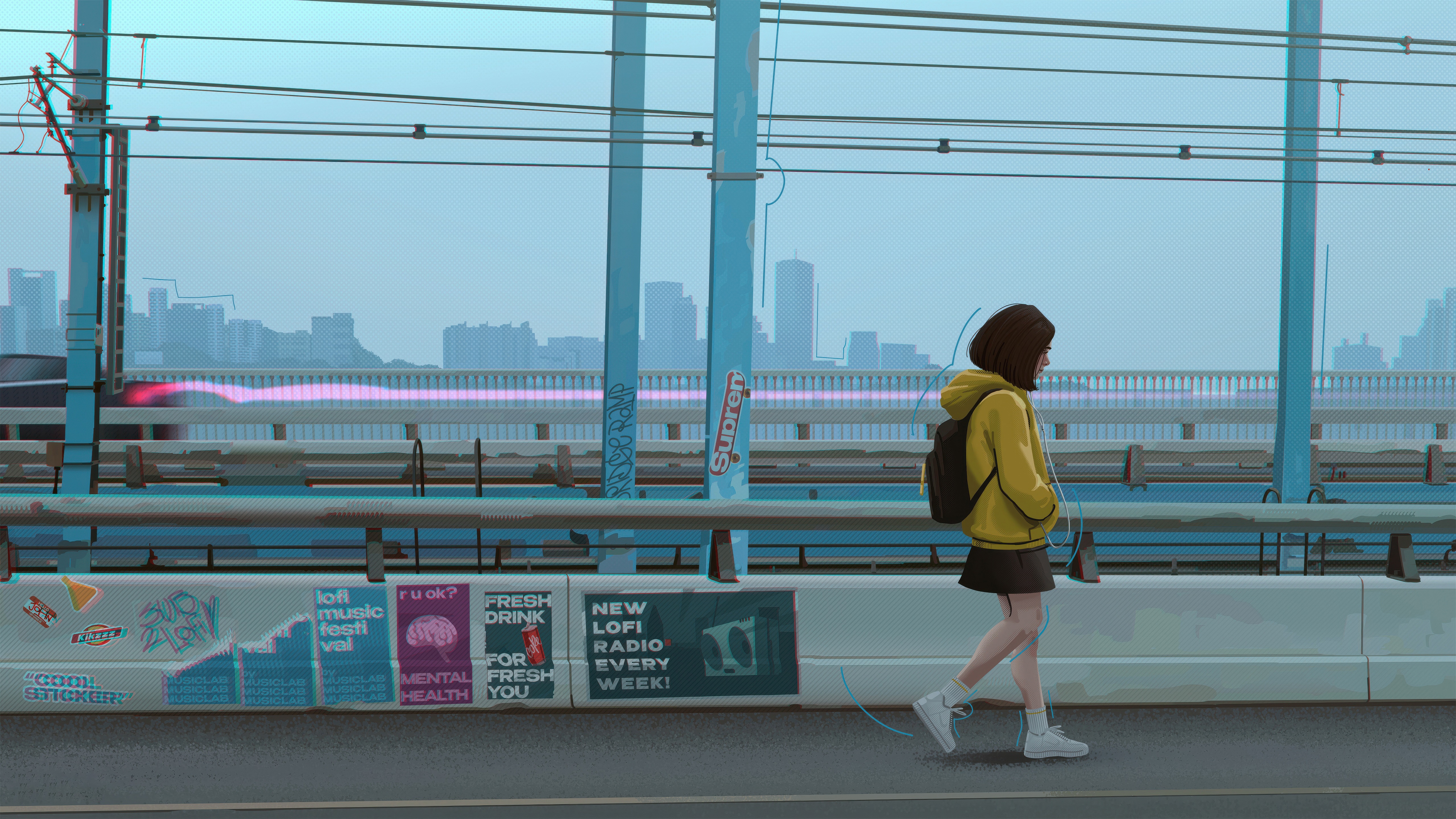 Girl Walking on a Bridge with Cityscape Background HD Wallpaper