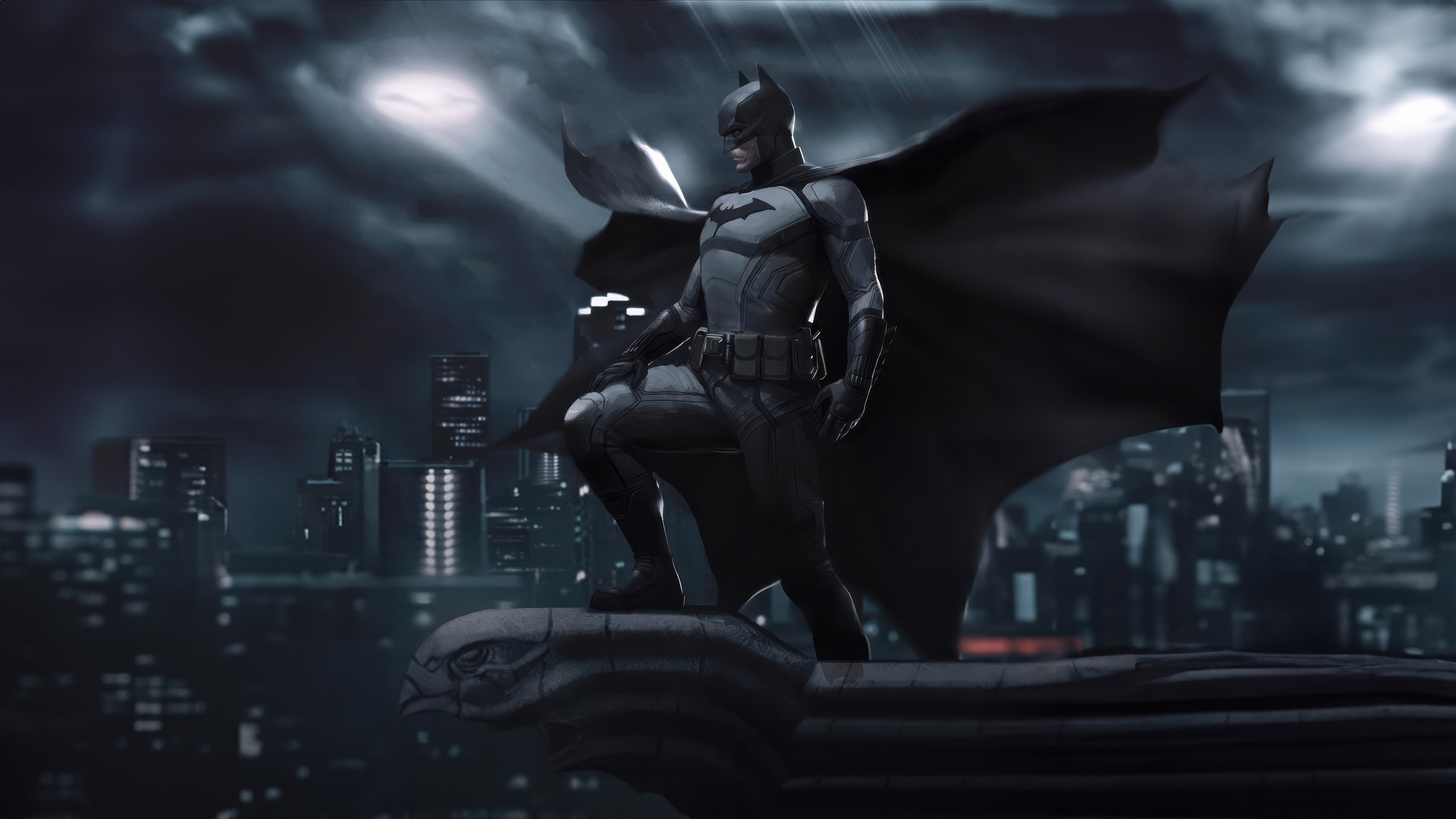 Batman on a rooftop overlooking Gotham City HD Wallpaper