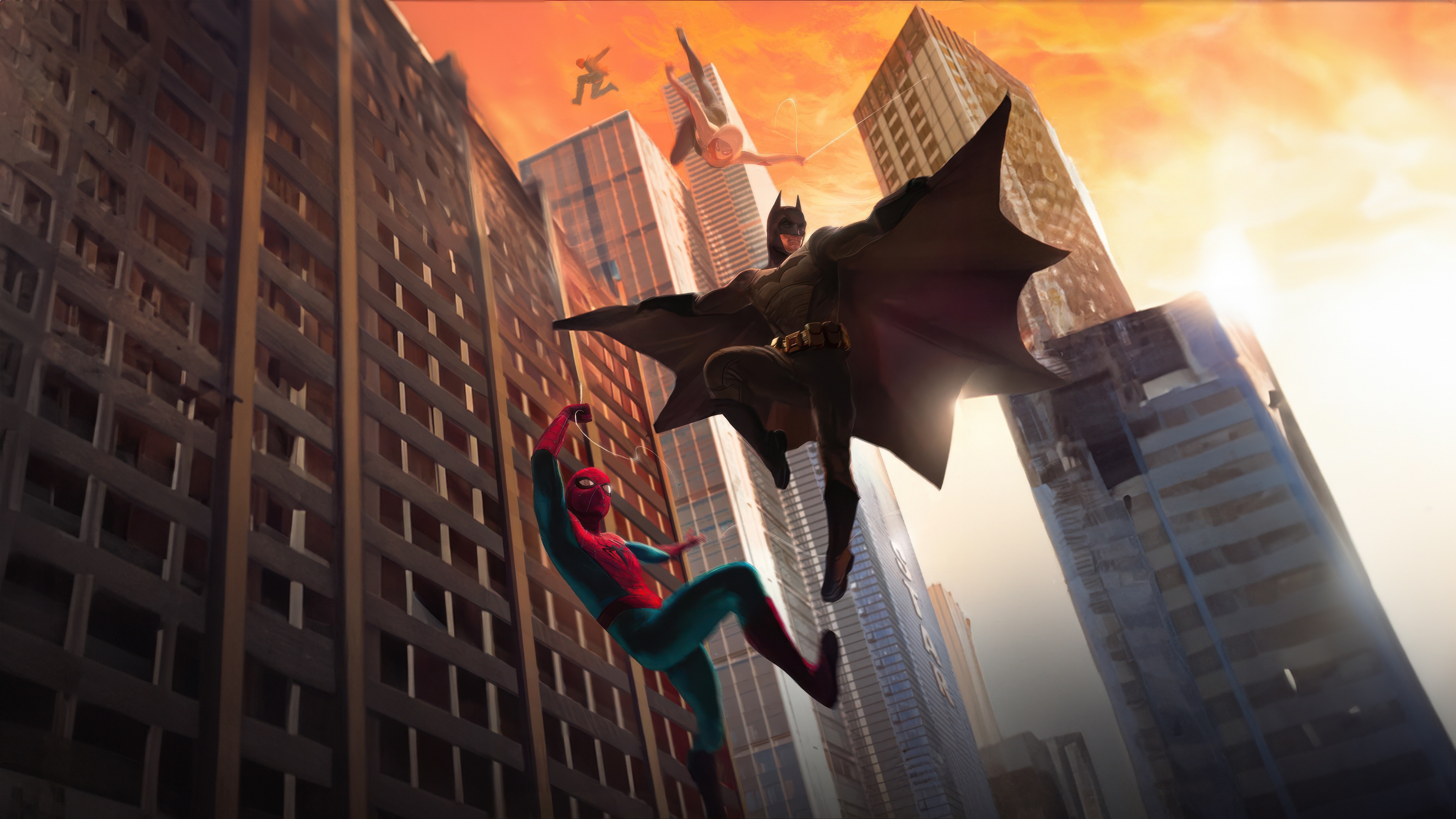 Batman and Spider-Man fight in a ruined city HD Wallpaper