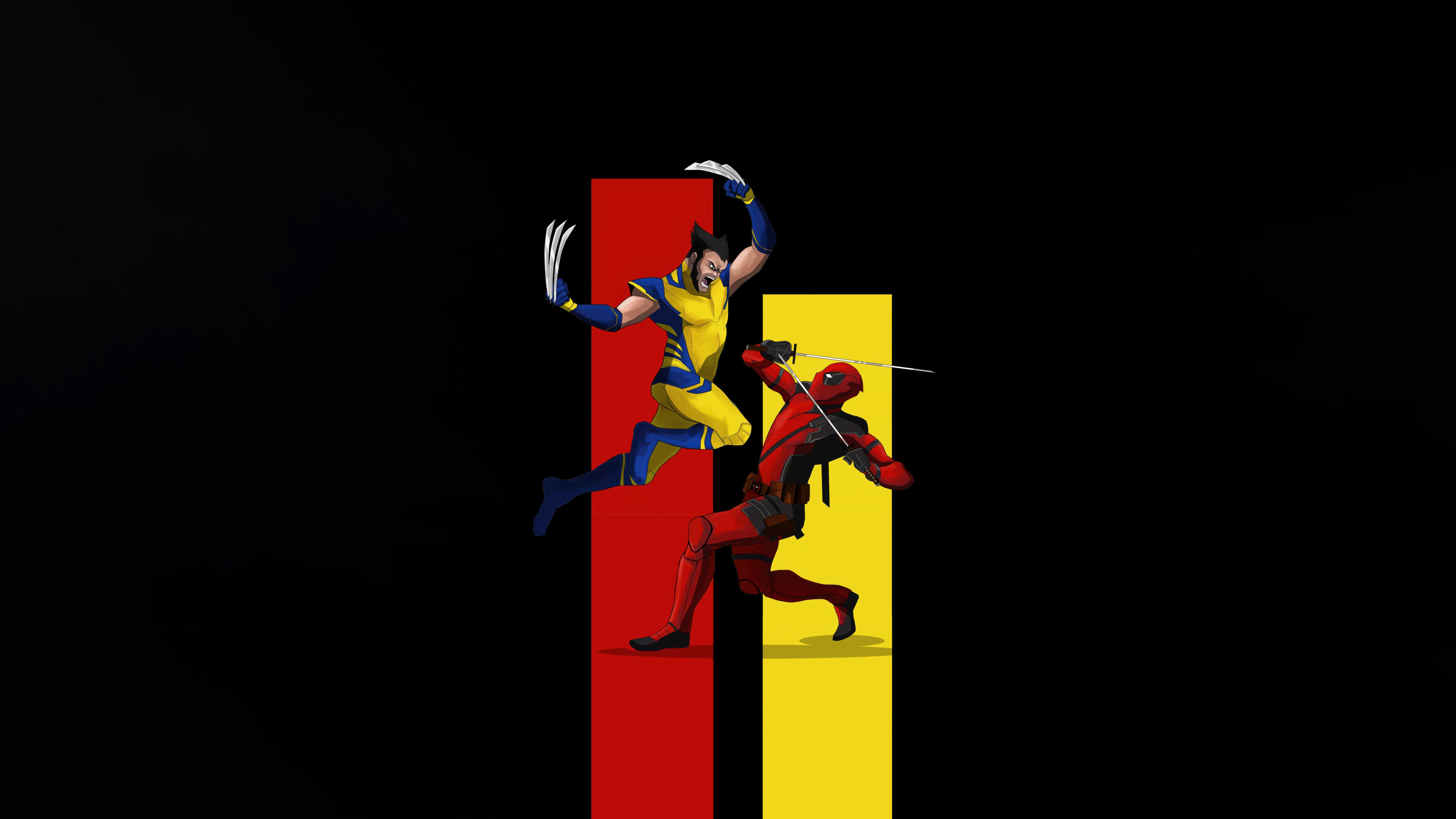 Deadpool and Wolverine fight on red and yellow stripes HD Wallpaper