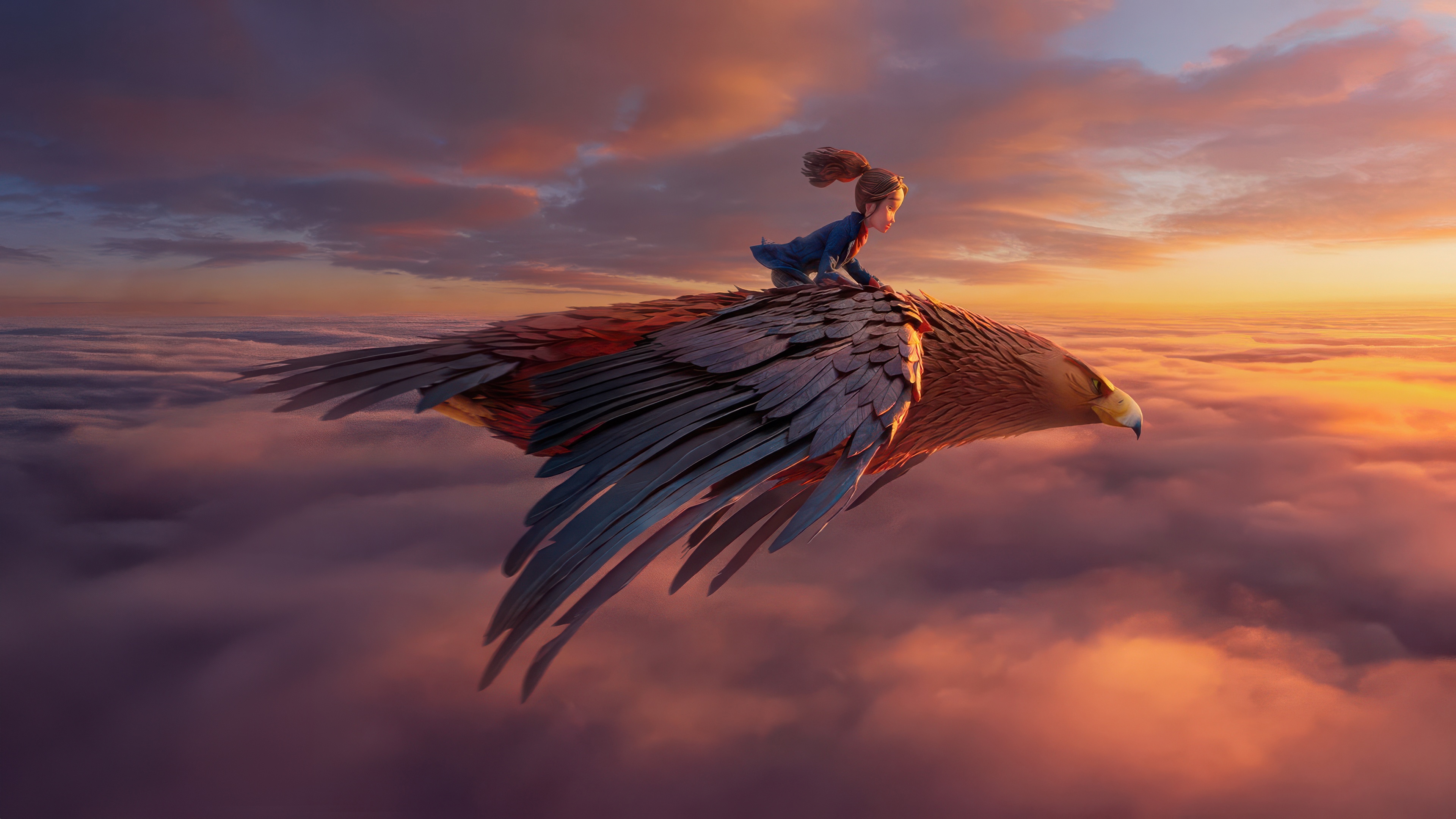 Girl riding a giant eagle over clouds at sunset HD Wallpaper