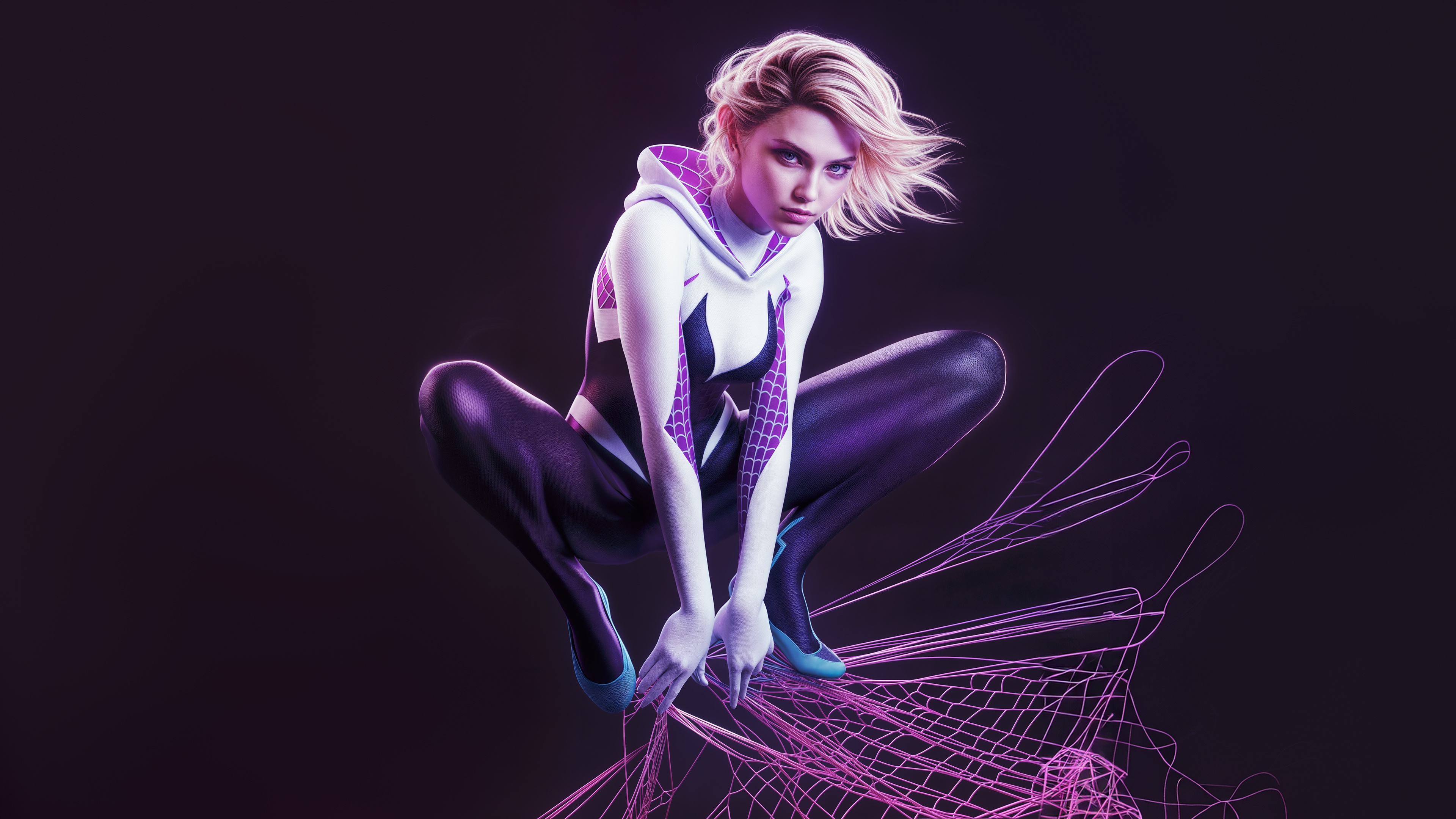 Spider-Gwen in a crouched pose with purple webbing HD Wallpaper