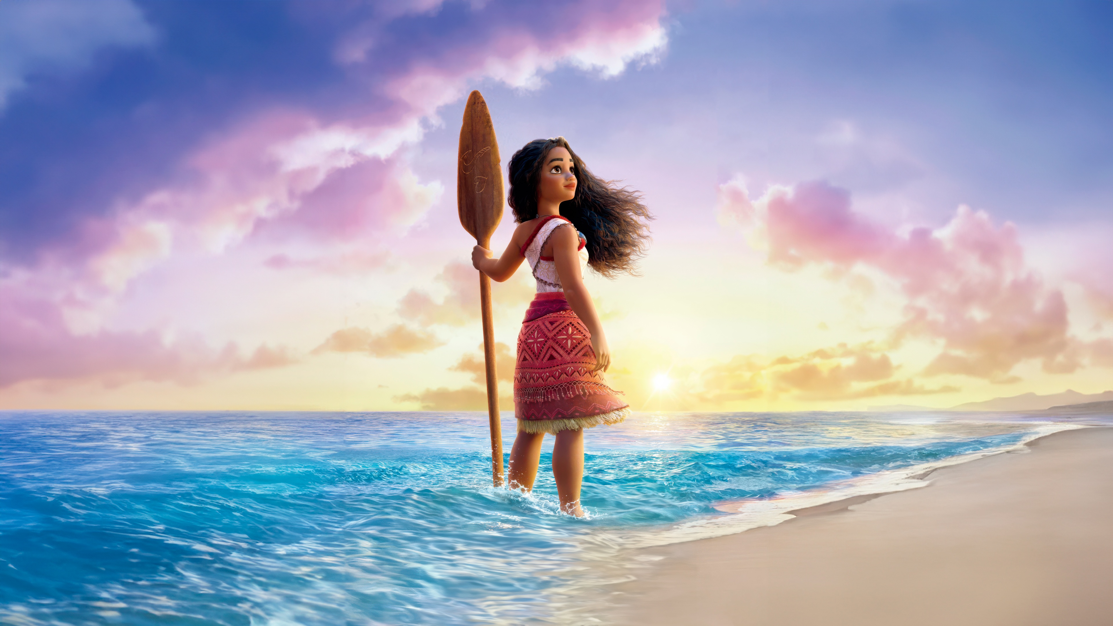 Moana standing in the ocean with a paddle HD Wallpaper