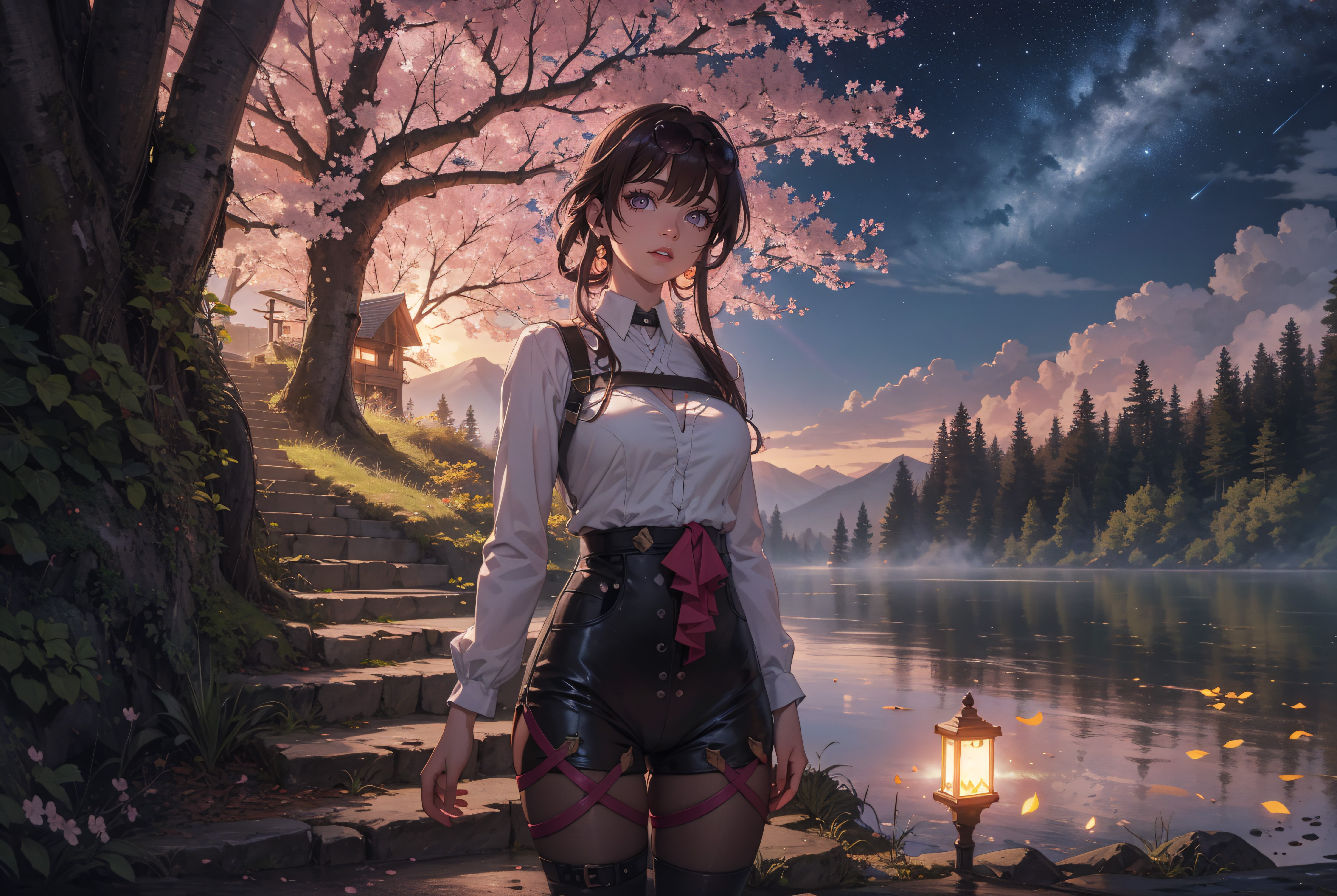 Ai Anime Girl by a Lake with Cherry Blossoms HD Wallpaper