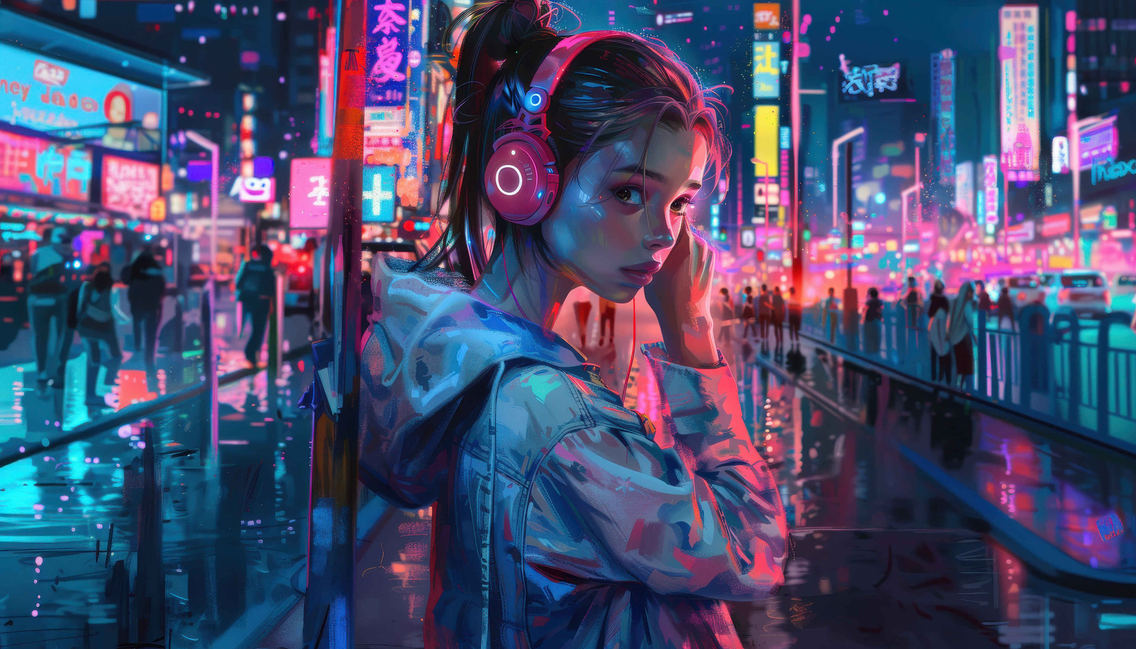 Anime girl with headphones in a neon city street HD Wallpaper