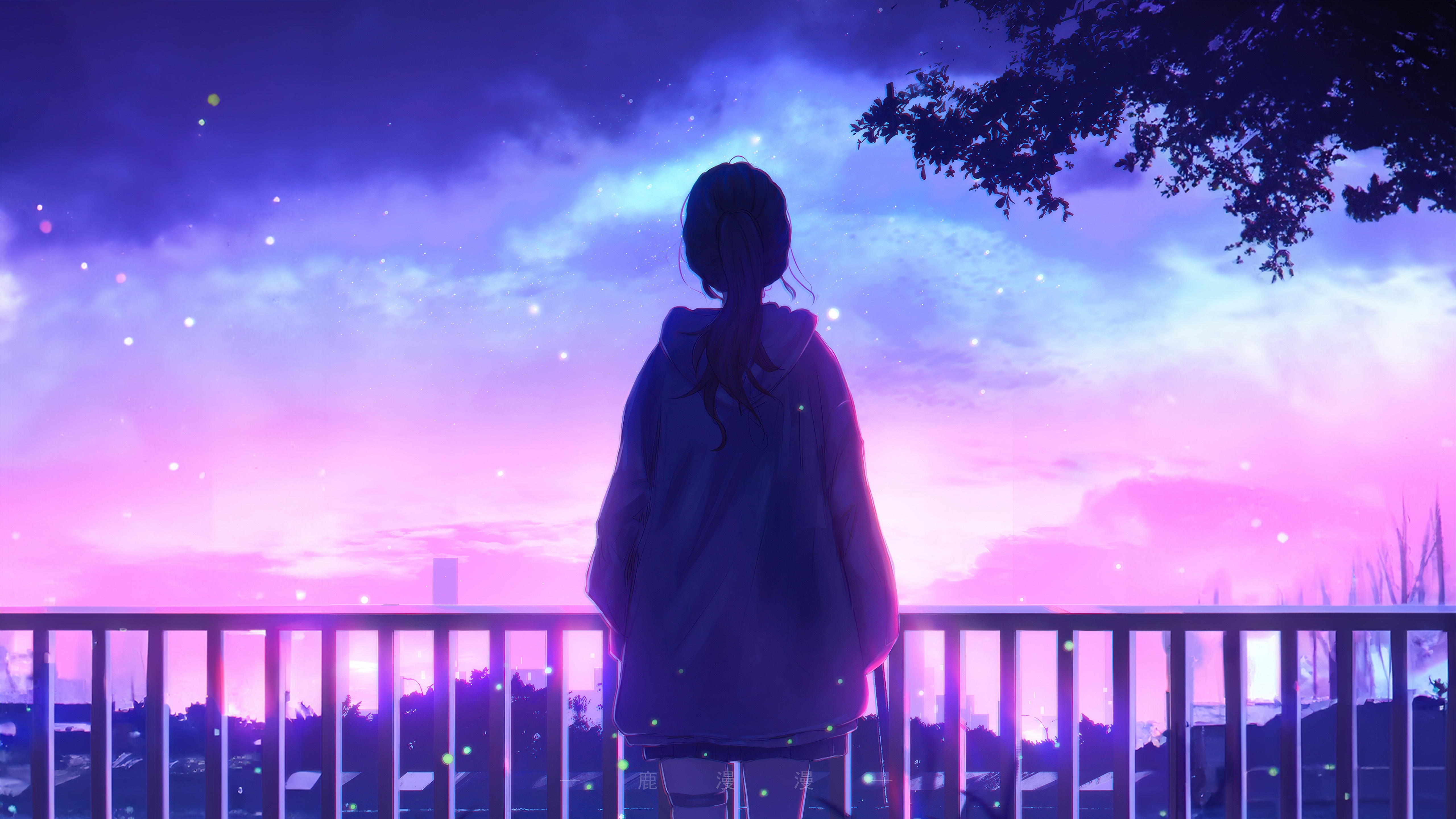 Anime Girl Looking at a Purple and Pink Sky HD Wallpaper