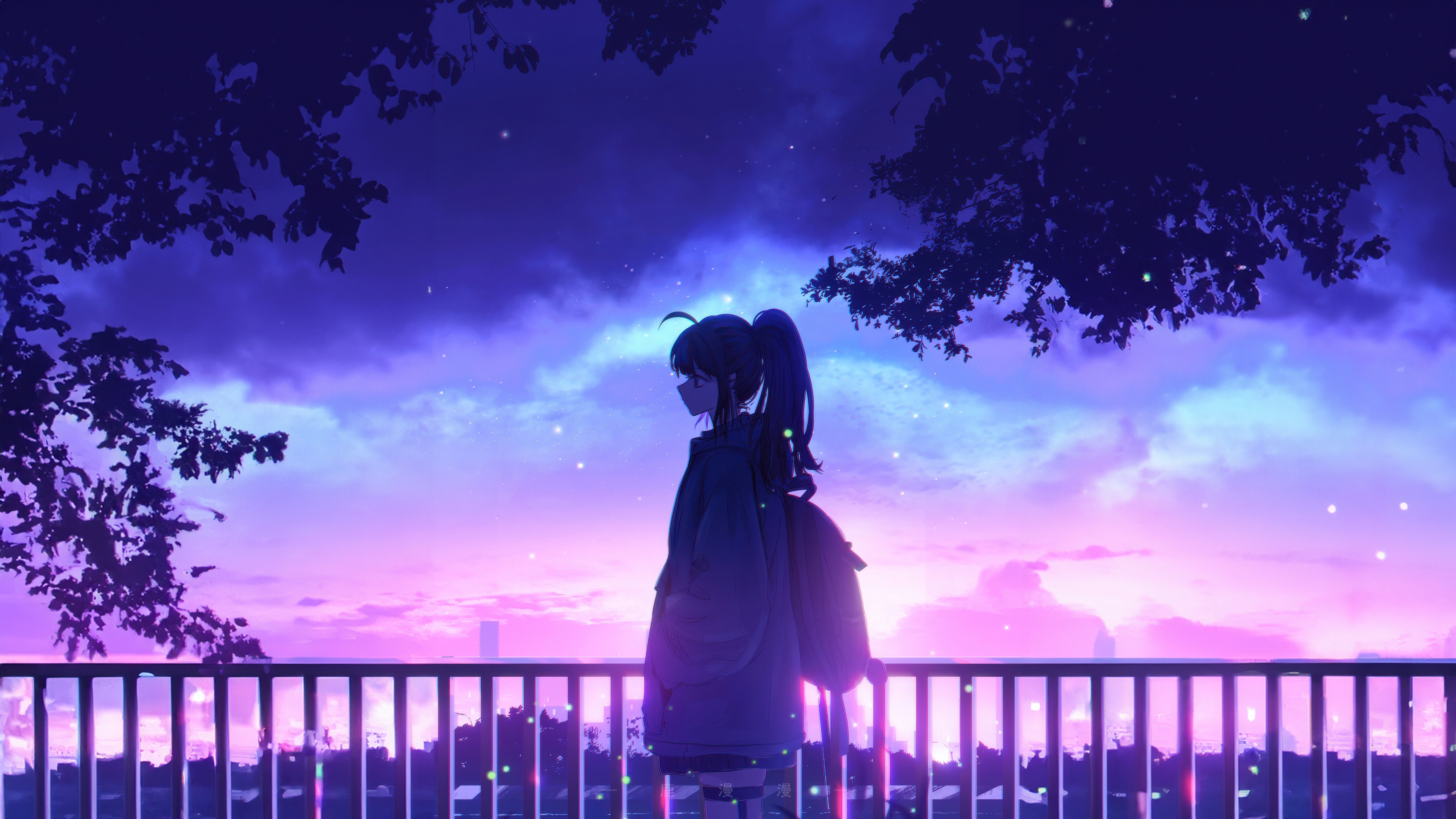 Anime Girl with Ponytail in Synthwave Scenery HD Wallpaper