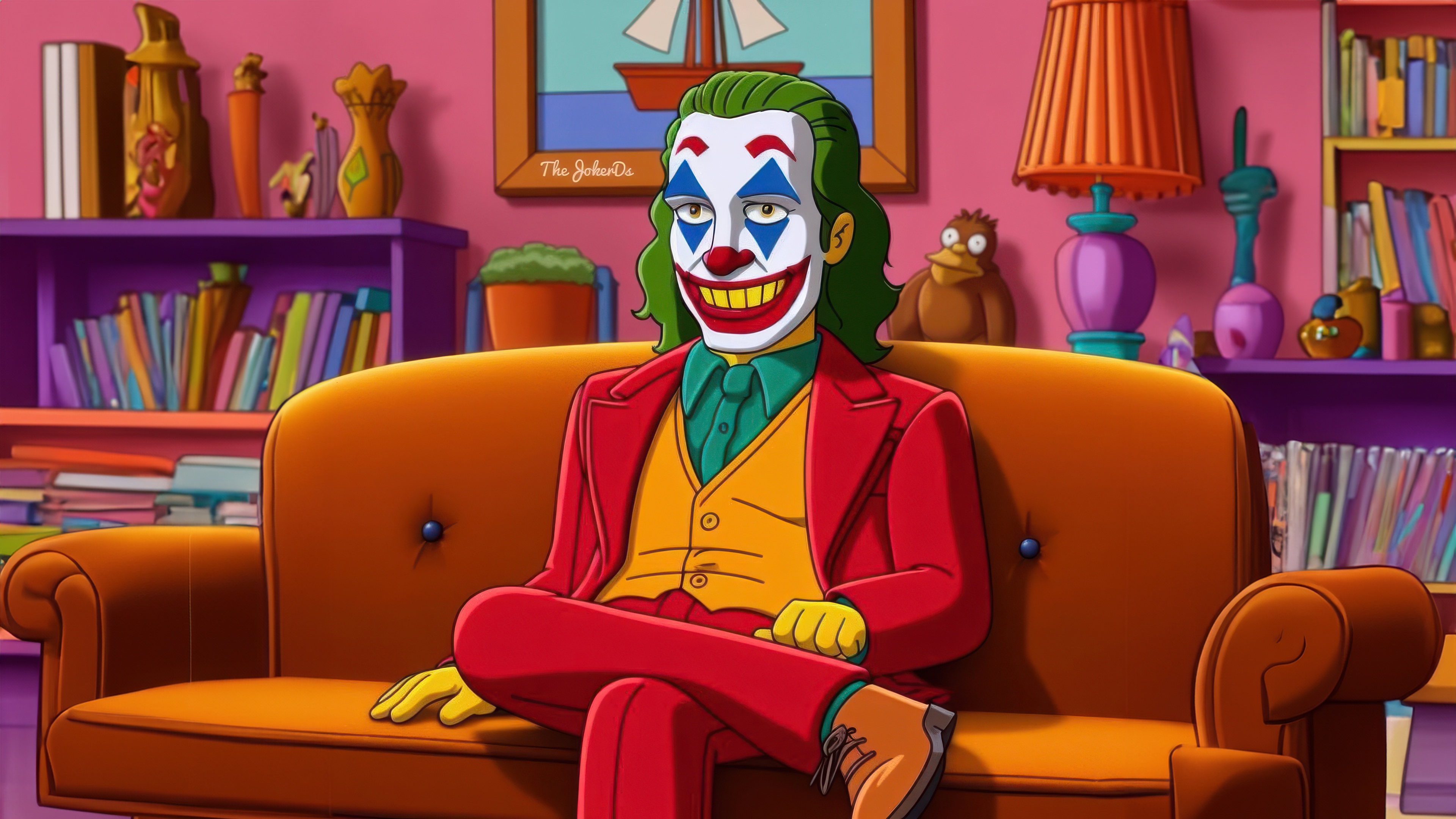 Joker in The Simpsons style sitting on a couch HD Wallpaper