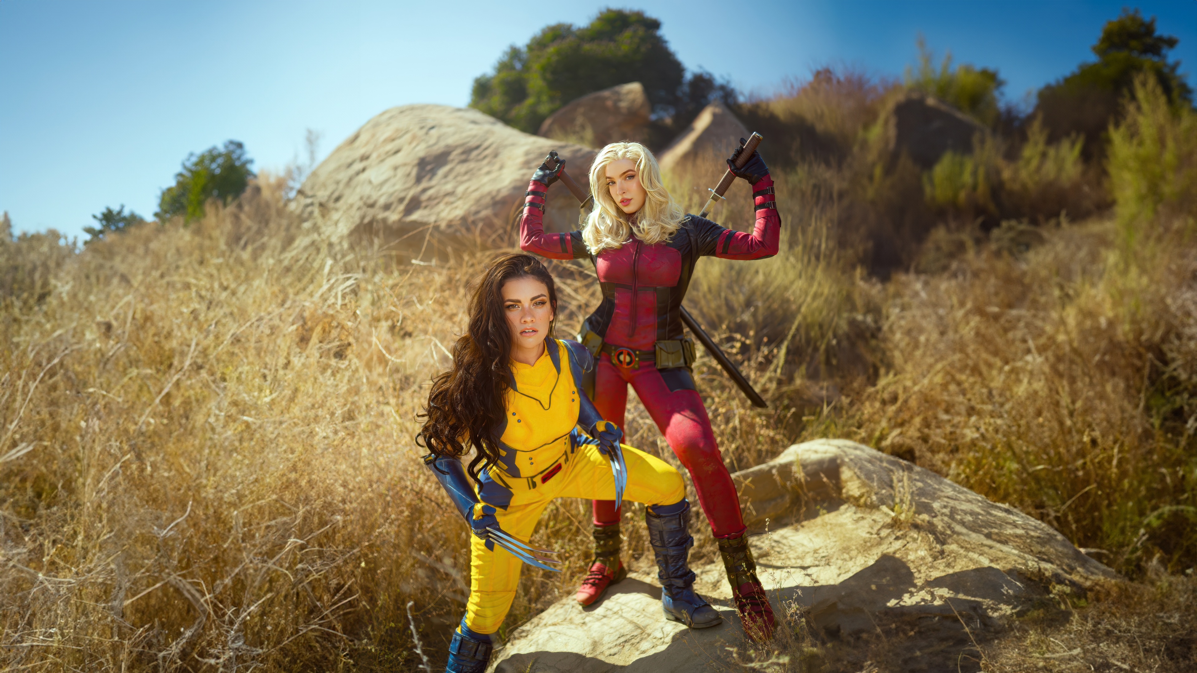 Deadpool and Wolverine cosplay in a dry landscape HD Wallpaper