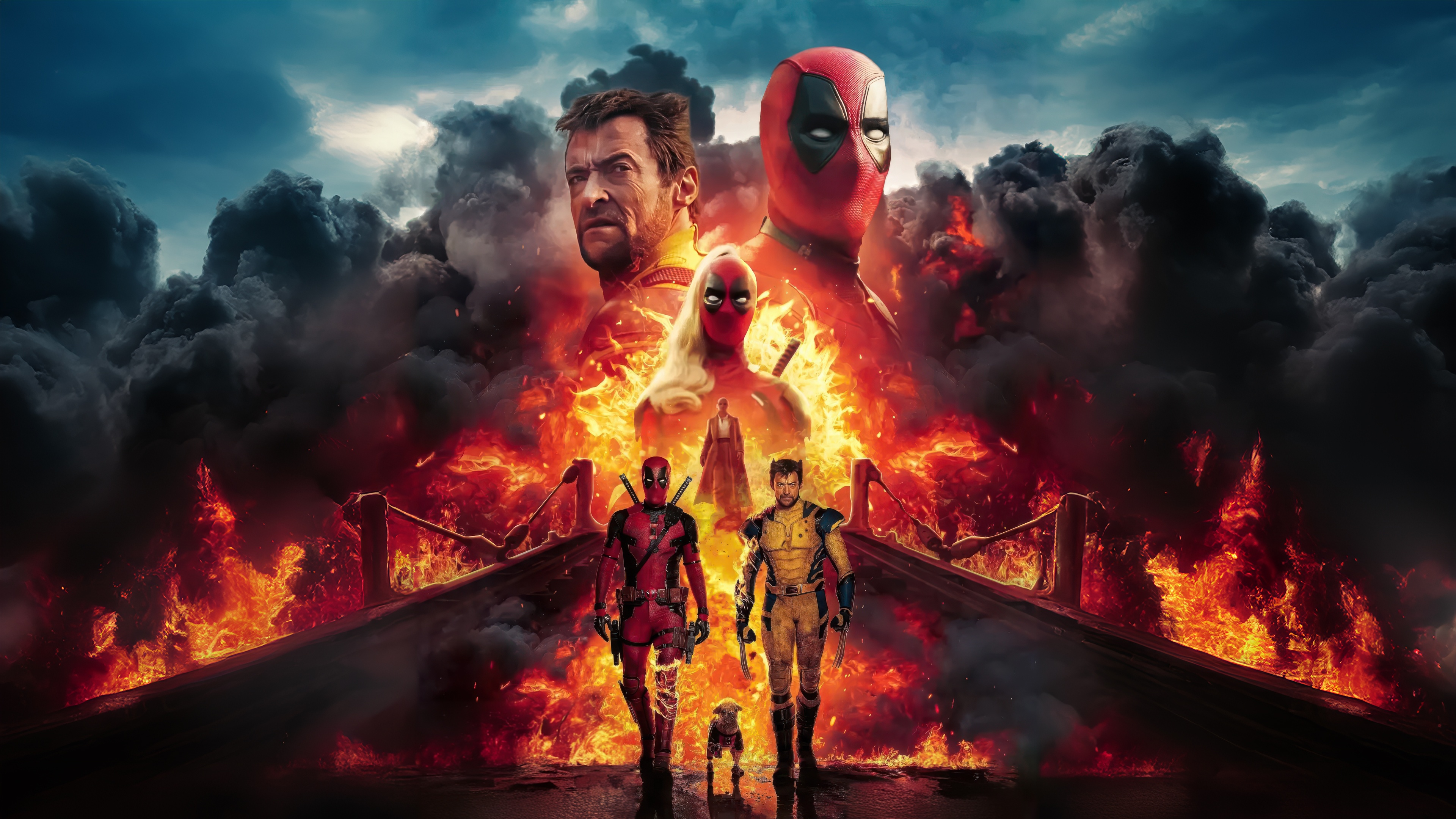 Deadpool and Wolverine in a fiery scene HD Wallpaper