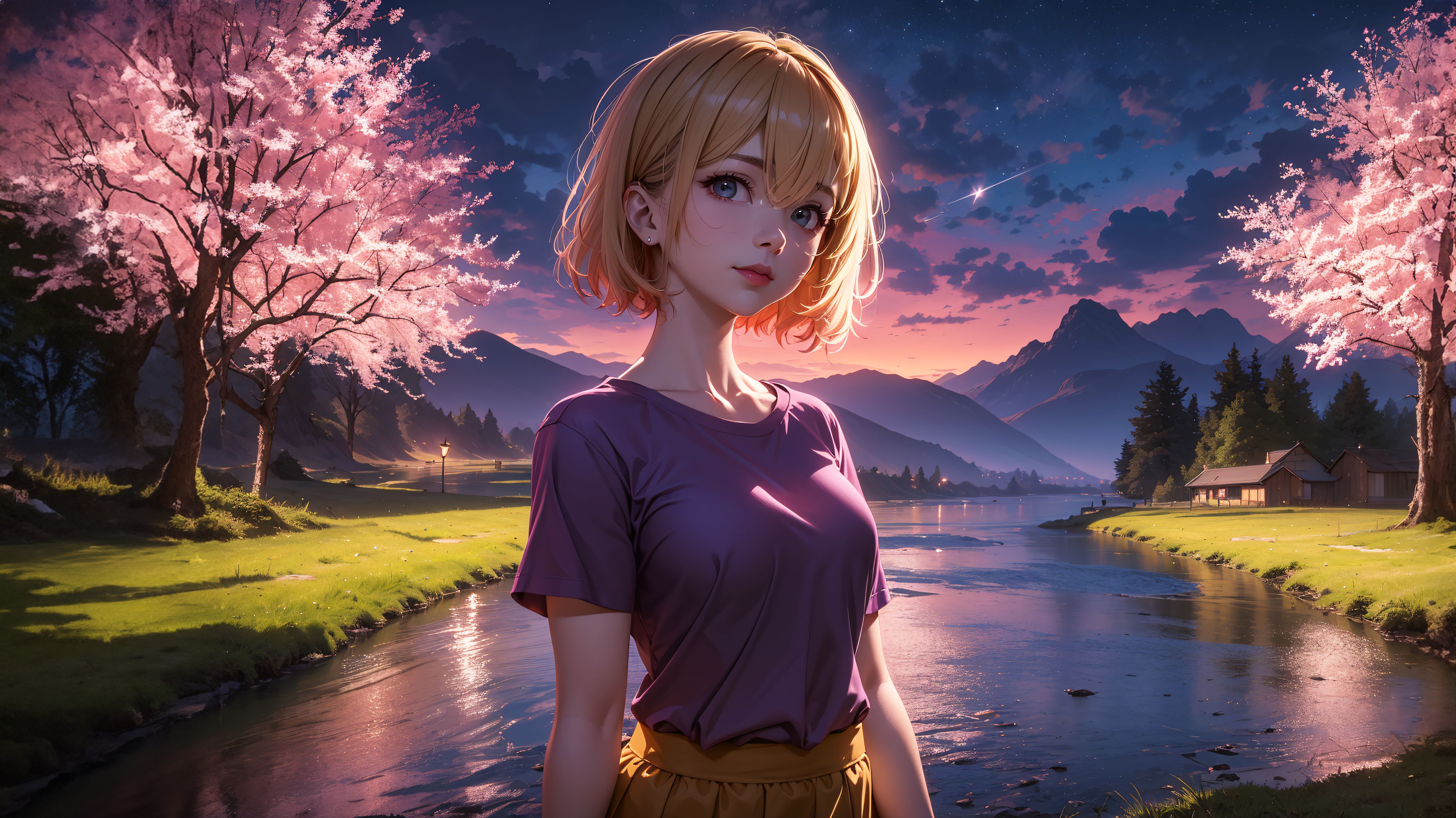 Cute Anime Girl by a River at Sunset HD Wallpaper