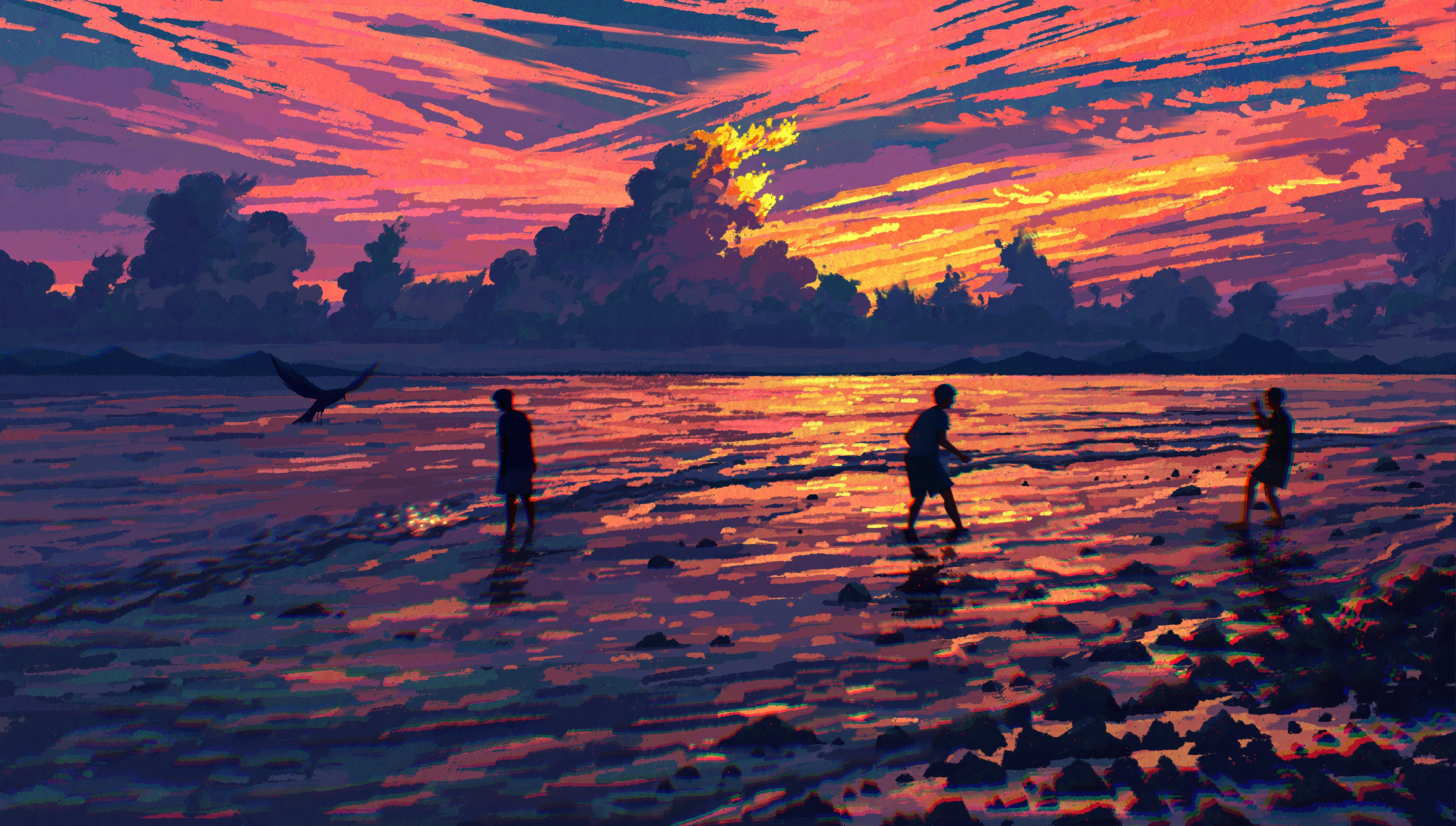 Friends playing on the shore during sunset HD Wallpaper