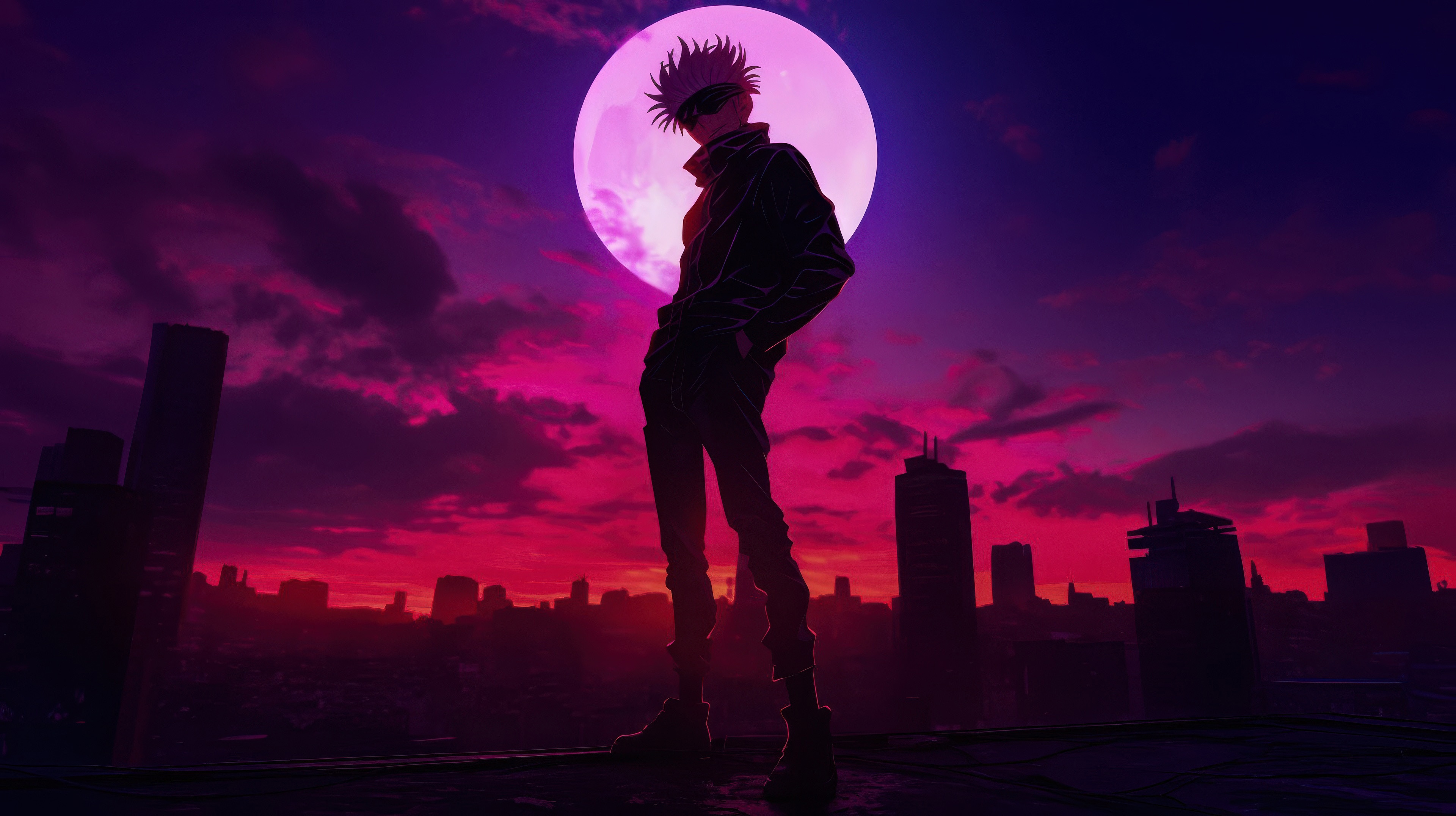 Satoru Gojo standing against a large moon HD Wallpaper