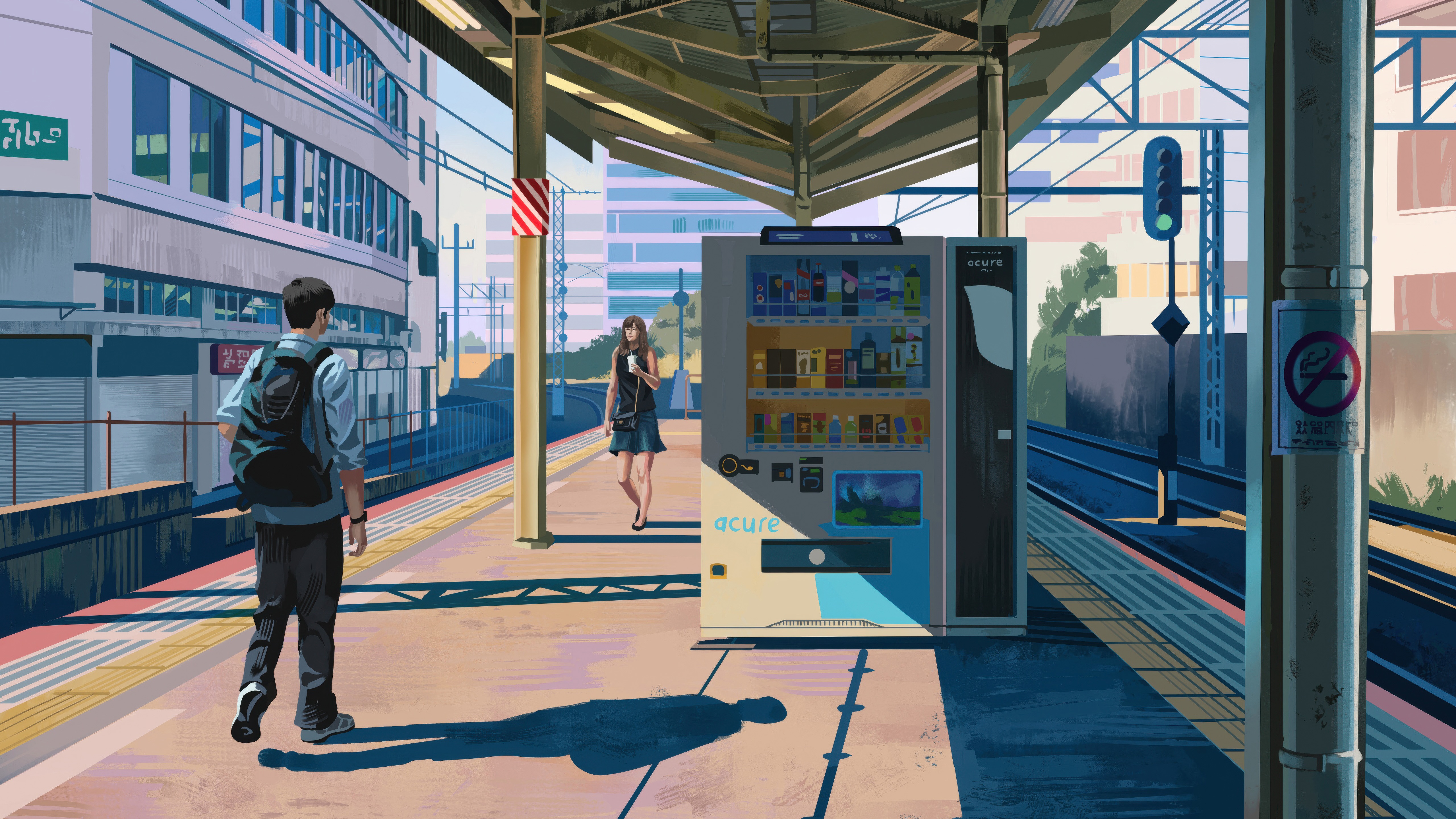 Strangers at a train station with a vending machine HD Wallpaper