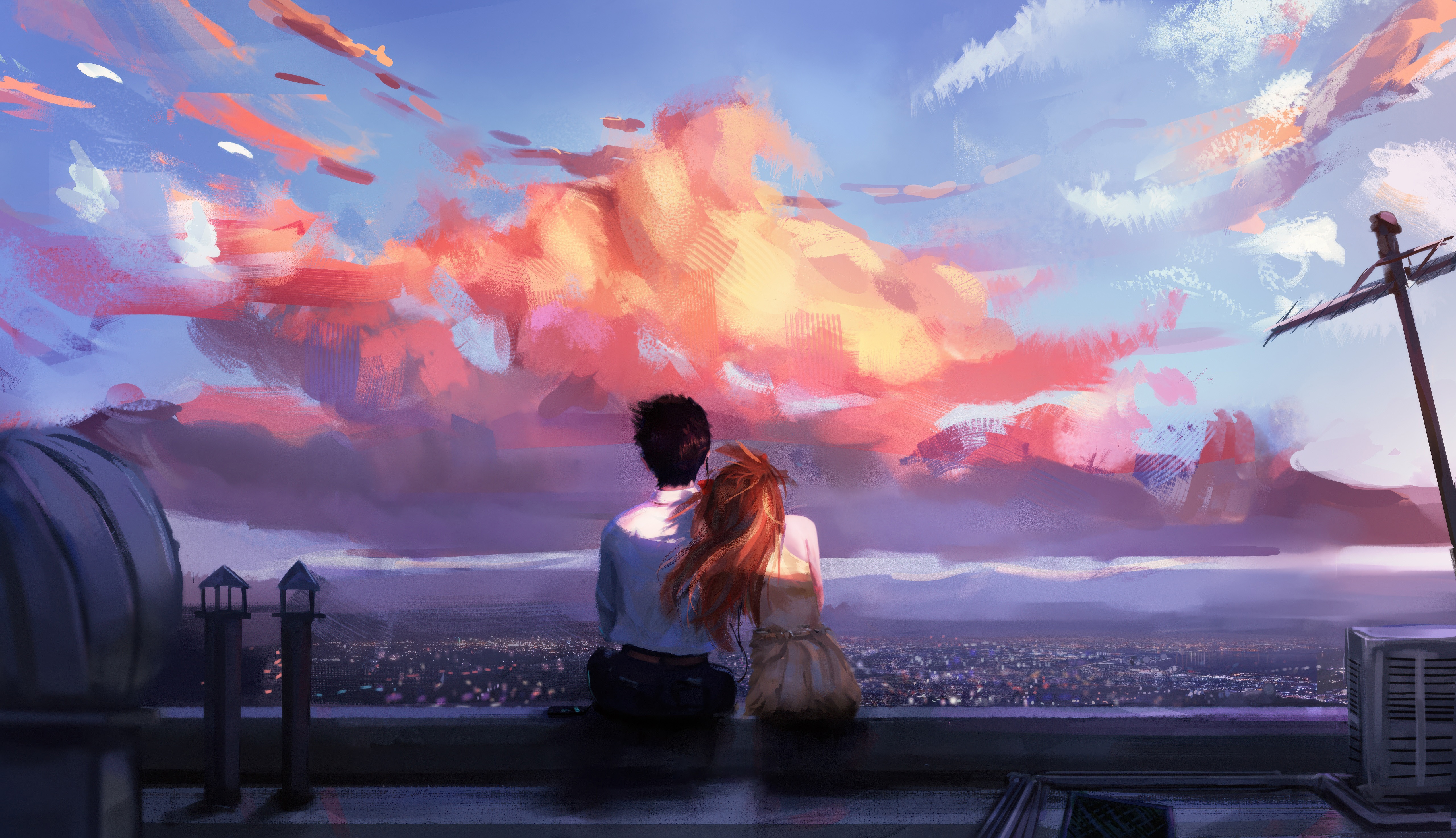 Asuka Langley Soryu and Shinji Ikari watching the sunset HD Wallpaper