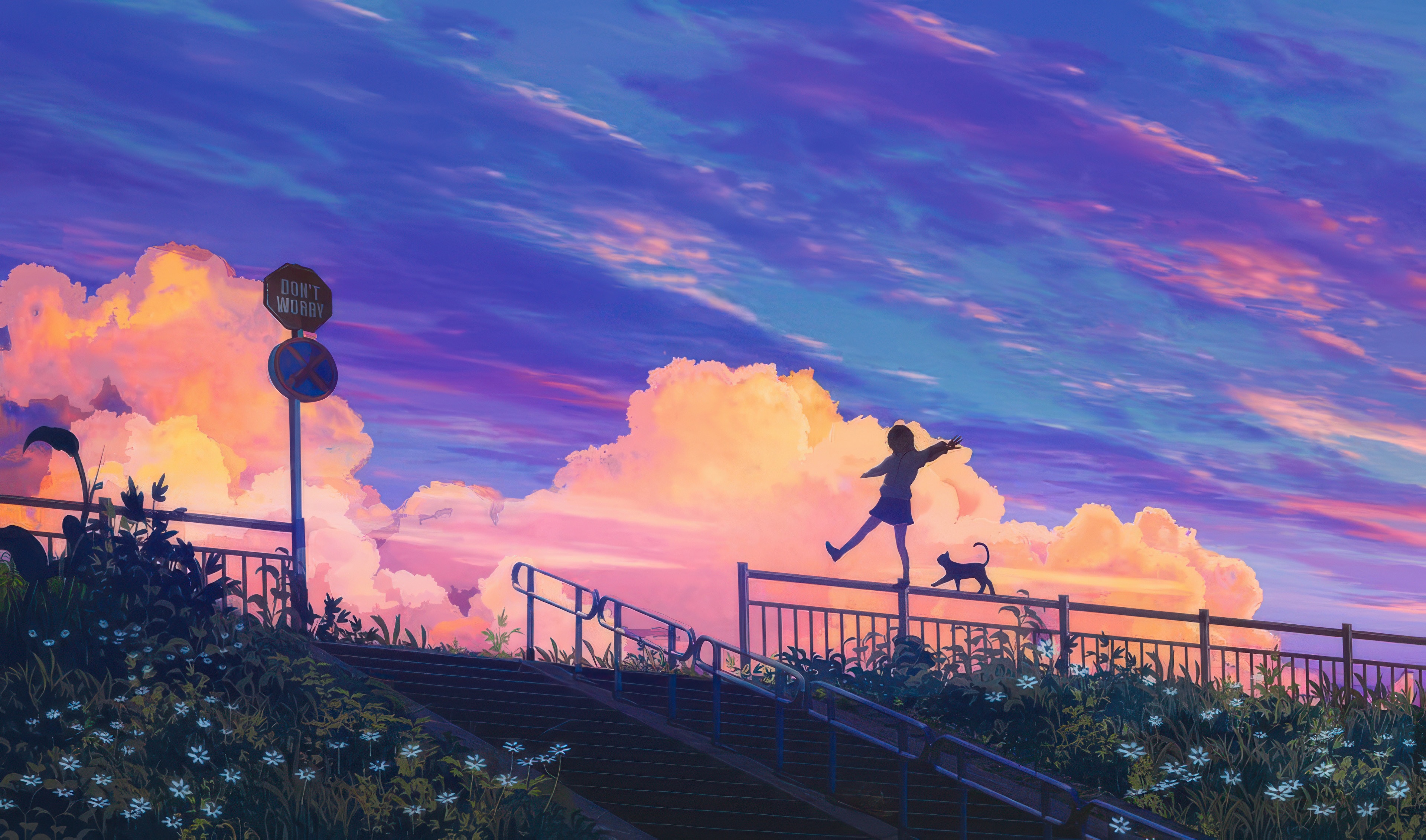 Anime girl and kitten walking on rails at sunset HD Wallpaper