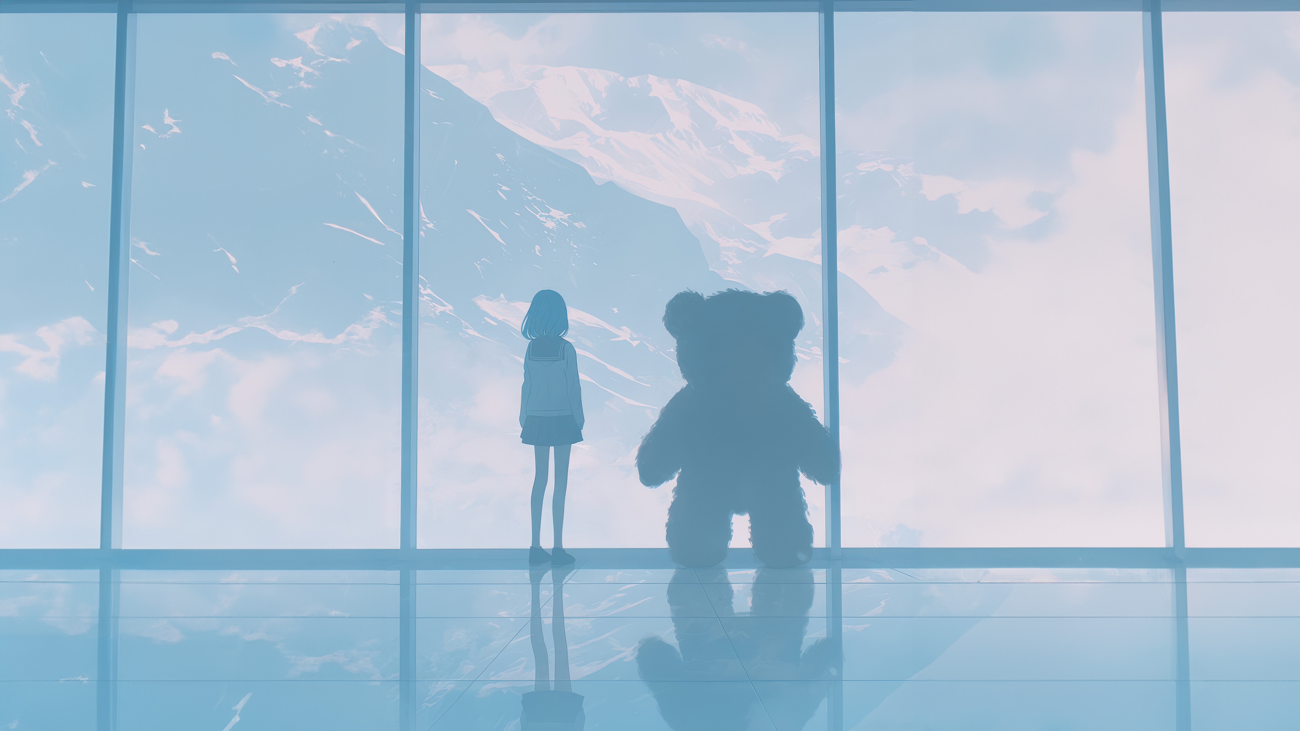 Girl and teddy bear looking out window at mountains HD Wallpaper